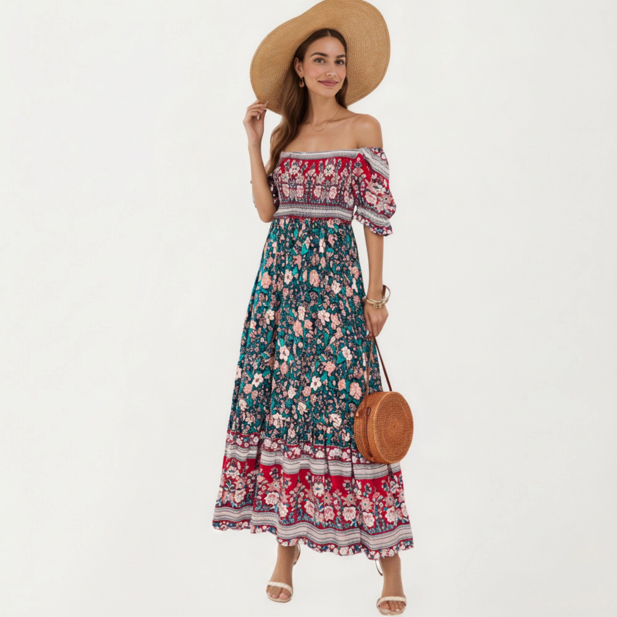 Anna-Kaci Women's Puff Sleeve Mixed Floral Print Border Hem Maxi Dress