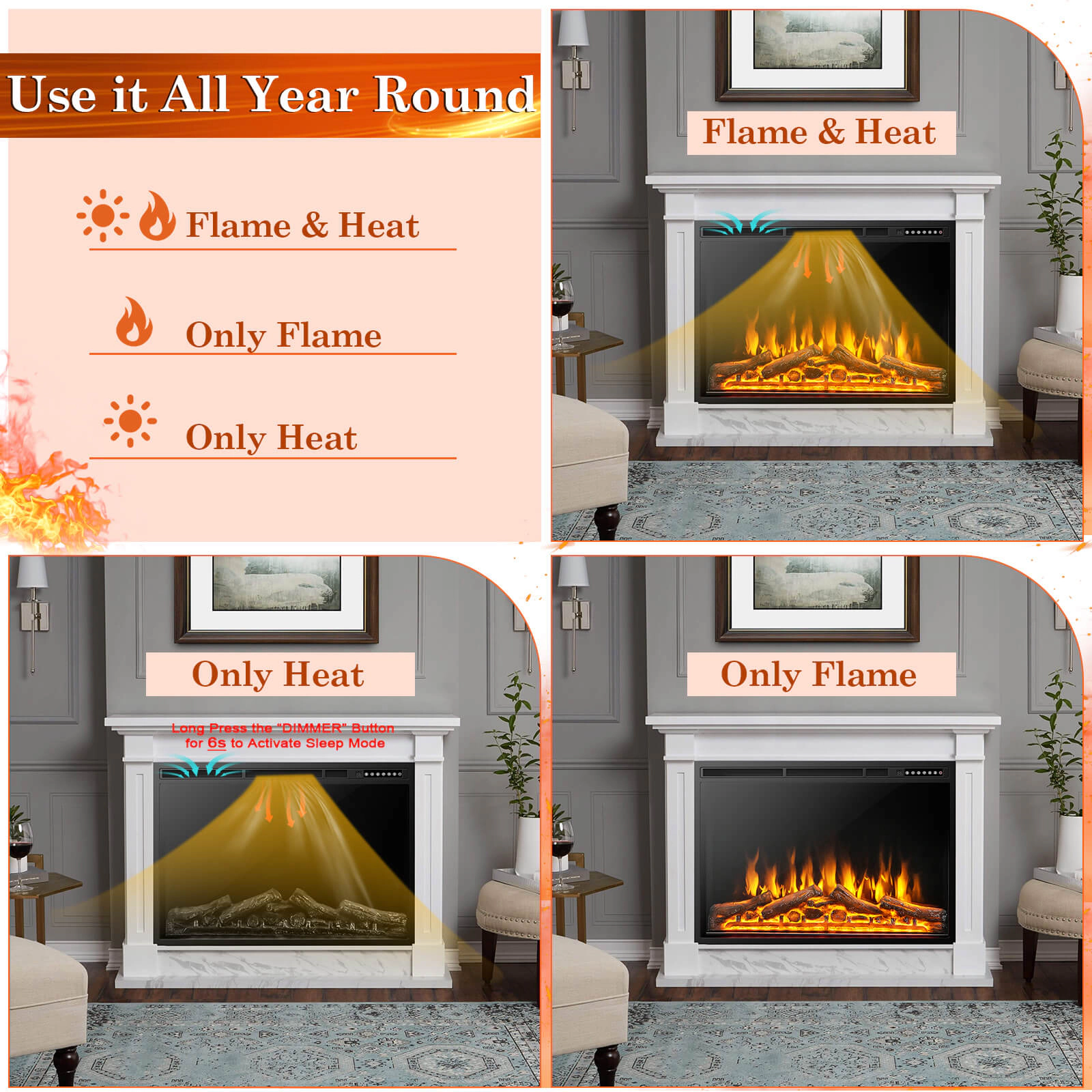 SUGIFT Adjustable Flame Electric Fireplace Recessed Heater 34- or 37-in Black 5100-BTU 750W/1500W with Timer and Remote