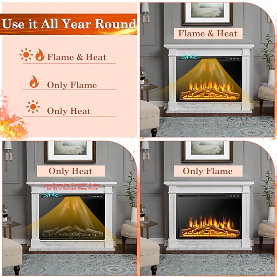 SUGIFT Adjustable Flame Electric Fireplace Recessed Heater 34- or 37-in Black 5100-BTU 750W/1500W with Timer and Remote