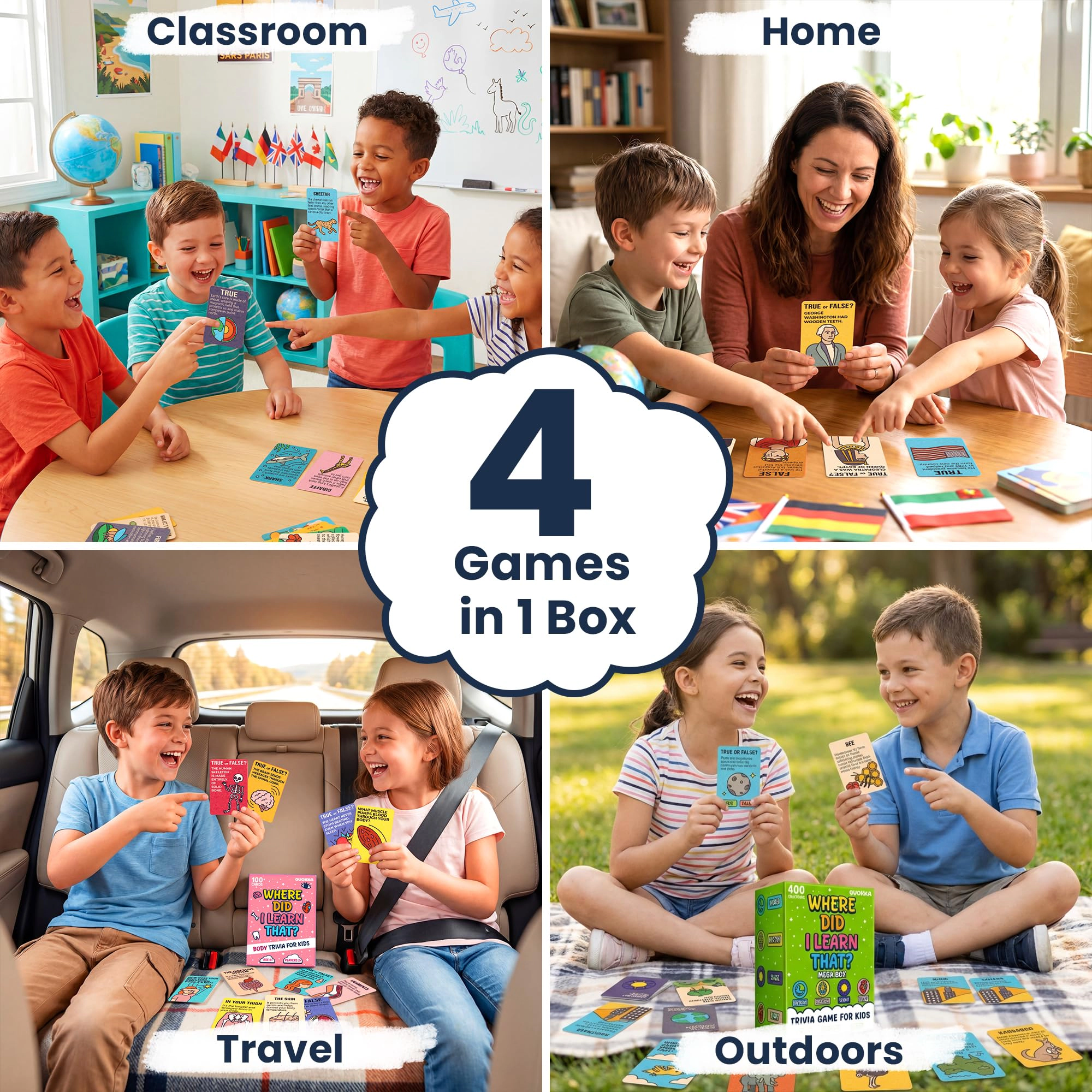 QUOKKA Kids Trivia Card Game Set Ages 6-12, World Geography, Space, History and Human Body Topics