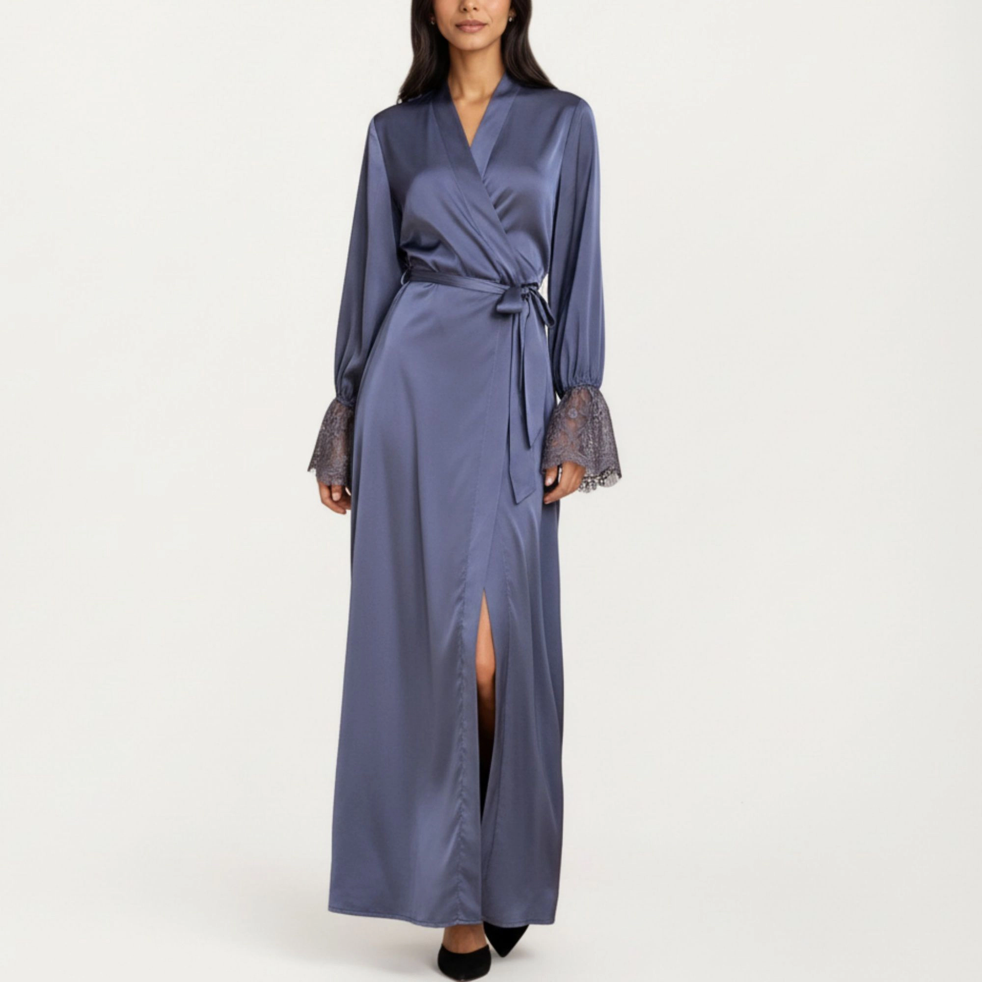 Anna-Kaci Women's Satin Wrap Robe Dress Long Sleeves Lace Cuff Detail and Adjustable Tie Waist Flowy Maxi Silhouette