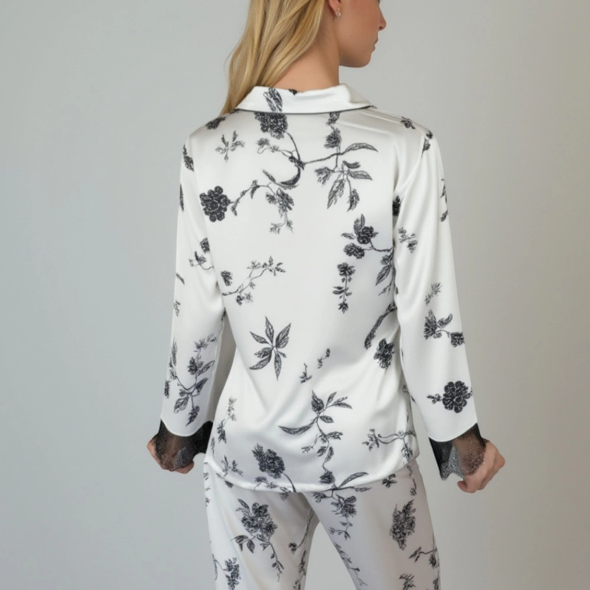 Anna-Kaci Women's Satin Pajama Set with Floral Print and Lace Trim Cuffs Hem