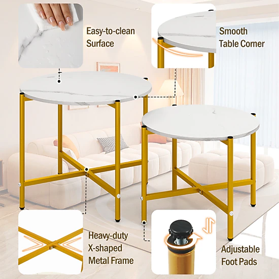 Glintex 2-Piece Round Nesting Coffee Table Set with X-Shaped Metal Frames