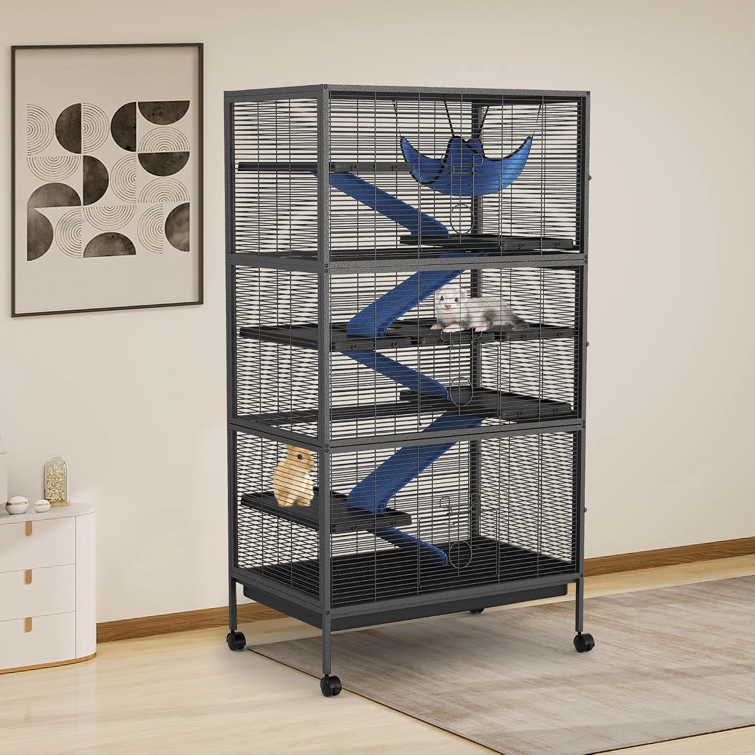 Multi-Tier Metal Ferret Cage, Small Animal Enclosure Half-Inch Grid with Platforms Ramps & Casters