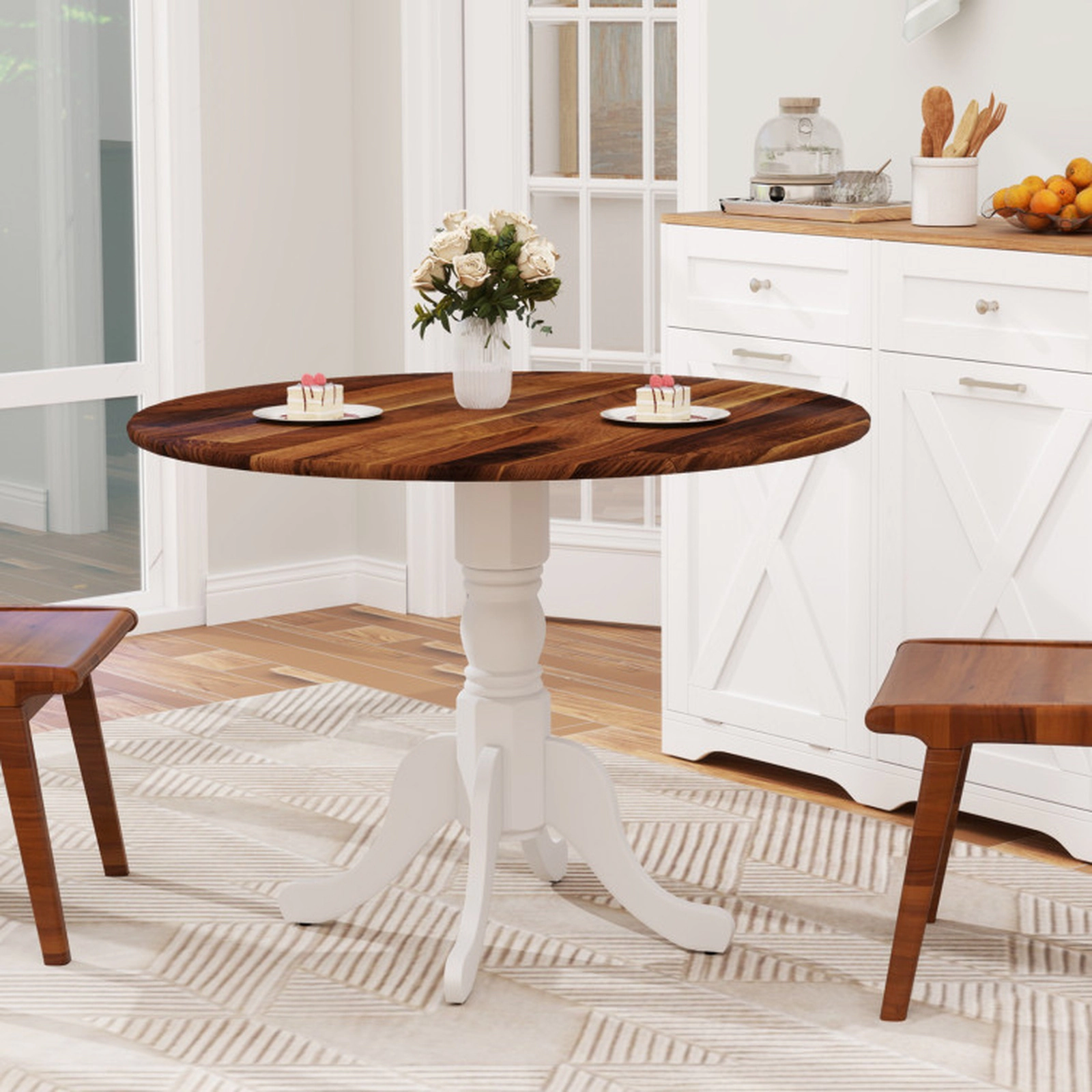 SUGIFT 39-in Round Wood Dining Table for 4, Curved Trestle Base, Adjustable Feet