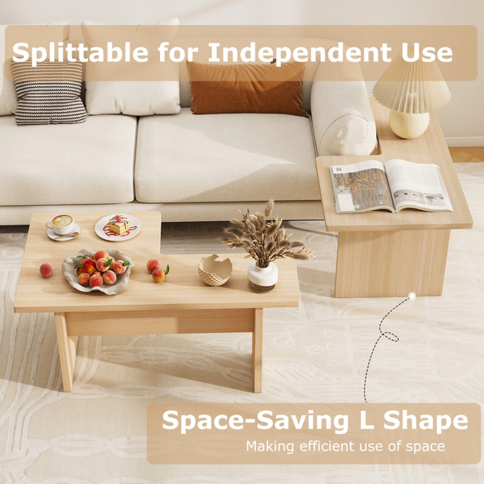 SUGIFT Set of 2 Modular L-Shaped Engineered Wood Coffee Tables 35.5-in x 20-in x 16.5-in 155-lb Capacity Oak