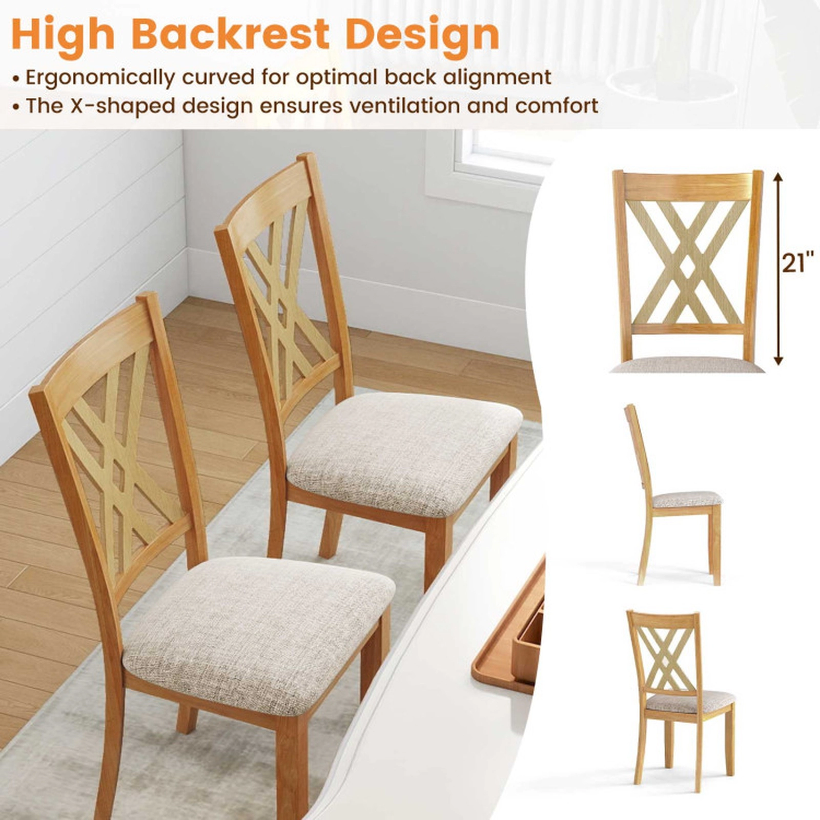 SUGIFT Linen Fabric Upholstered Wooden Dining Chair Set of 4 330-Lb Capacity Rubber Wood Frame Gray/Natural
