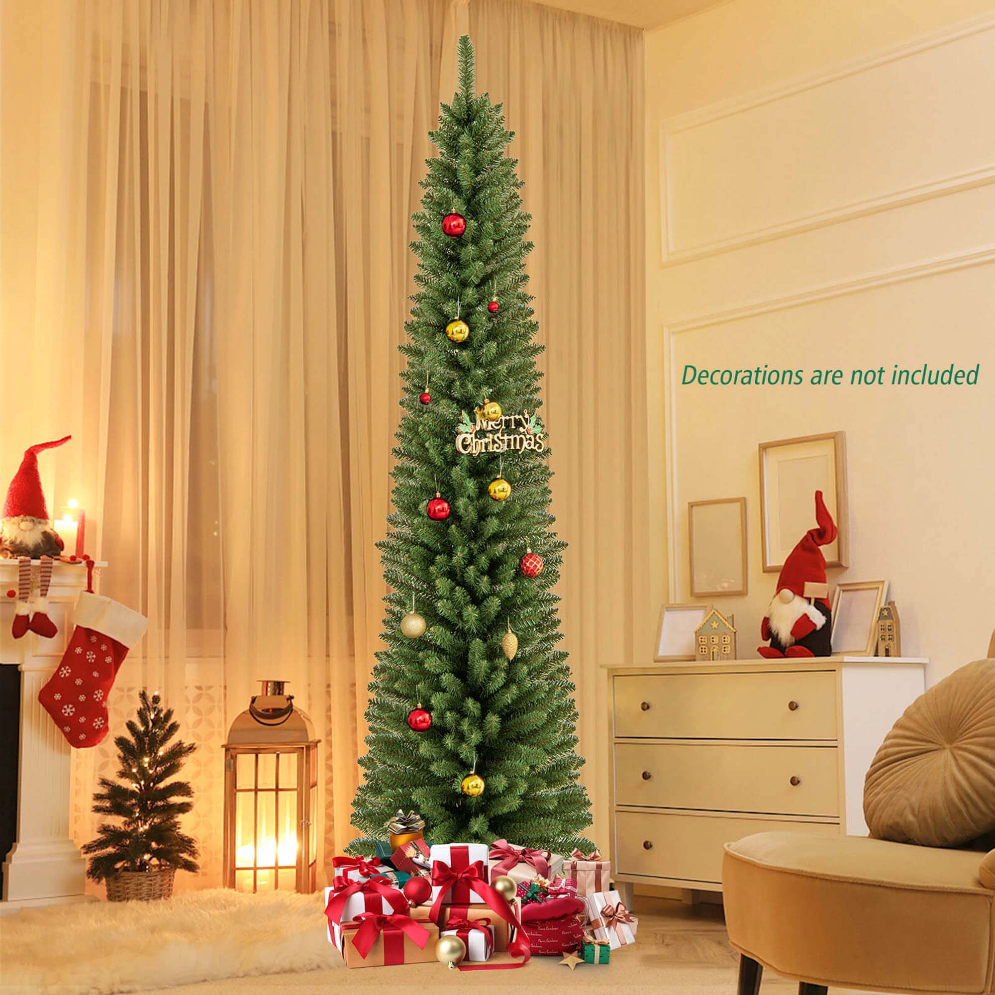 Costway 5/6/7/8 FT Pencil Christmas Tree Artificial Xmas Tree with 523 Memory Wire Branch Tips