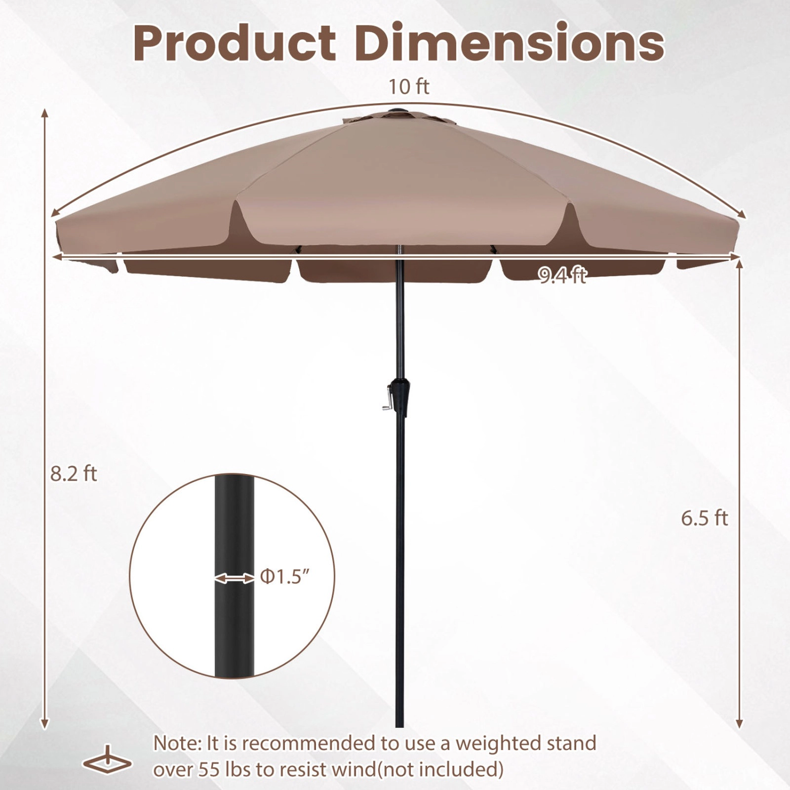 SUGIFT Brown Push Button Tilt Crank Lift and 8 Fiberglass Ribs 10 FT Scalloped Patio Umbrella