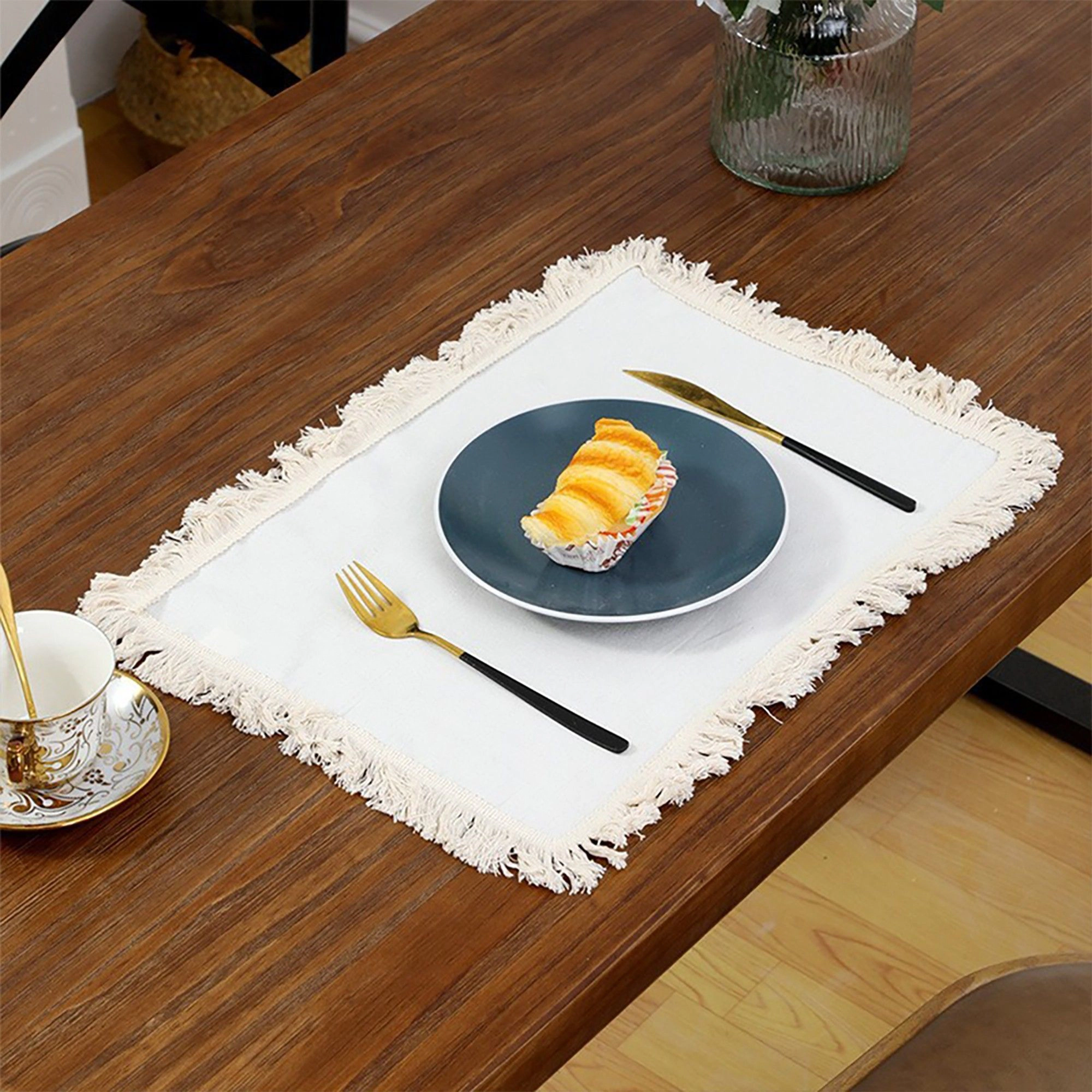 Alilang Unisex 4 Piece Cotton Linen Fringe Placemats Farmhouse Table Mats Washable Heat Resistant Dining Mats