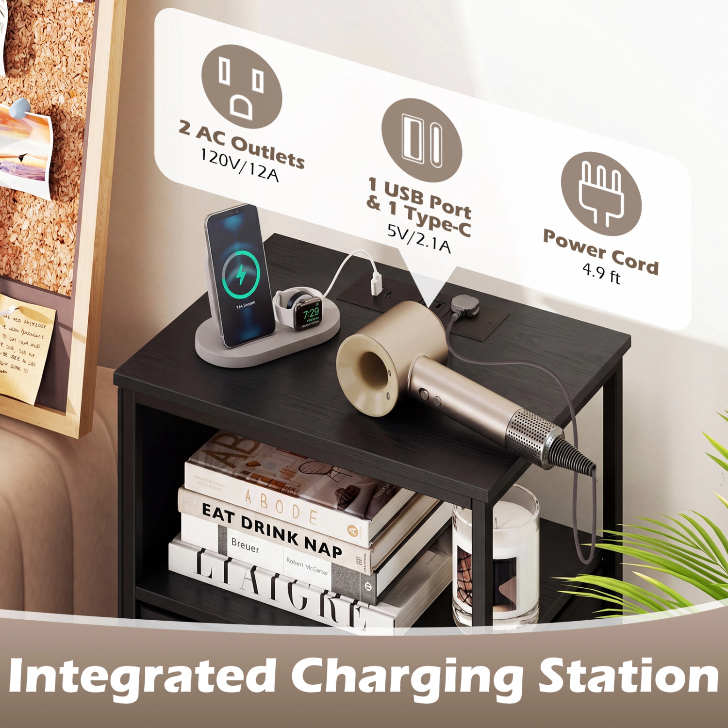 Hivvago Nightstand with Integrated Charging Station 34" Modern Bedside Table