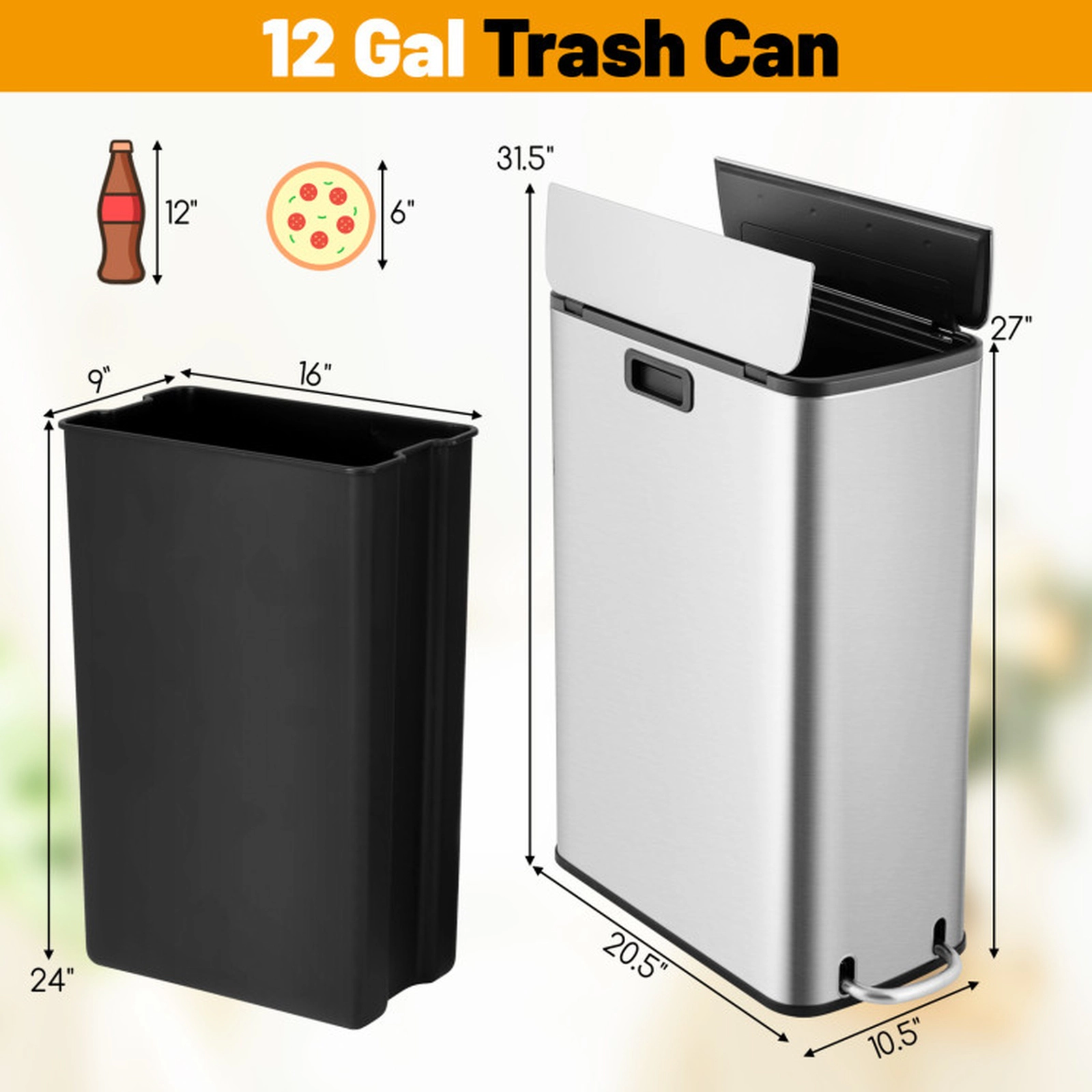 SUGIFT 12-Gal Soft-Close Wing Lids Removable Inner Bucket Step Trash Can 20.5-in x 10.5-in x 27-in 3-Layer Silver