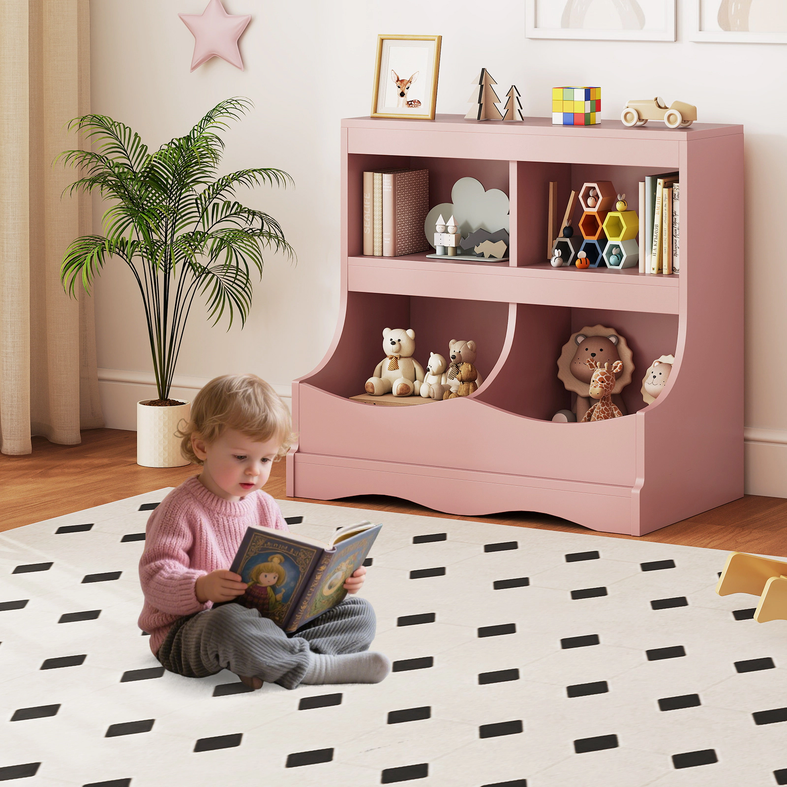 SUGIFT 4-Cubby Engineered Wood Toy Storage Organizer Kids Bookcase 132-lb Capacity Pink