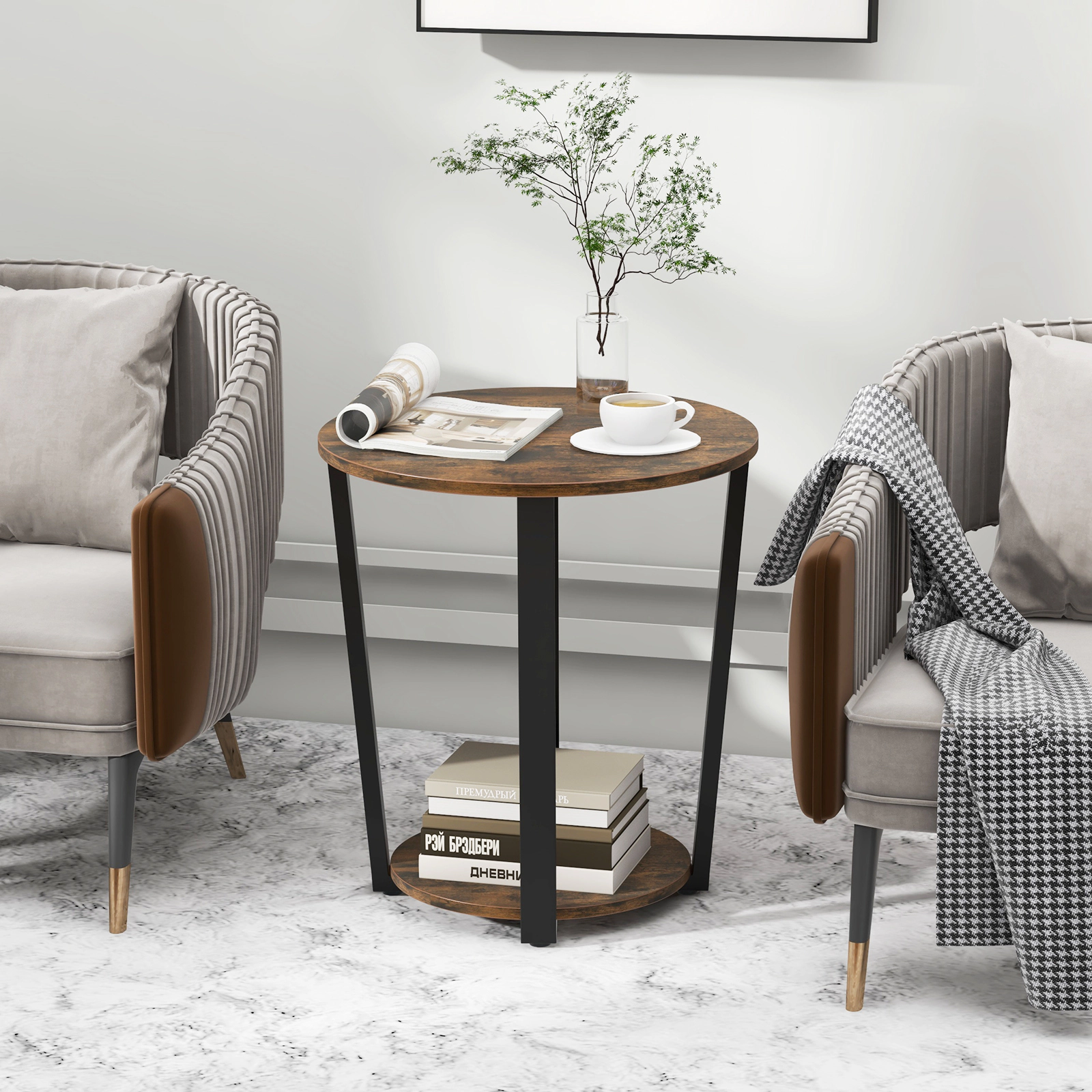 SUGIFT 2-Tier Round End Table with Storage Shelf and Metal Frame 44-lb Capacity Brown/Walnut
