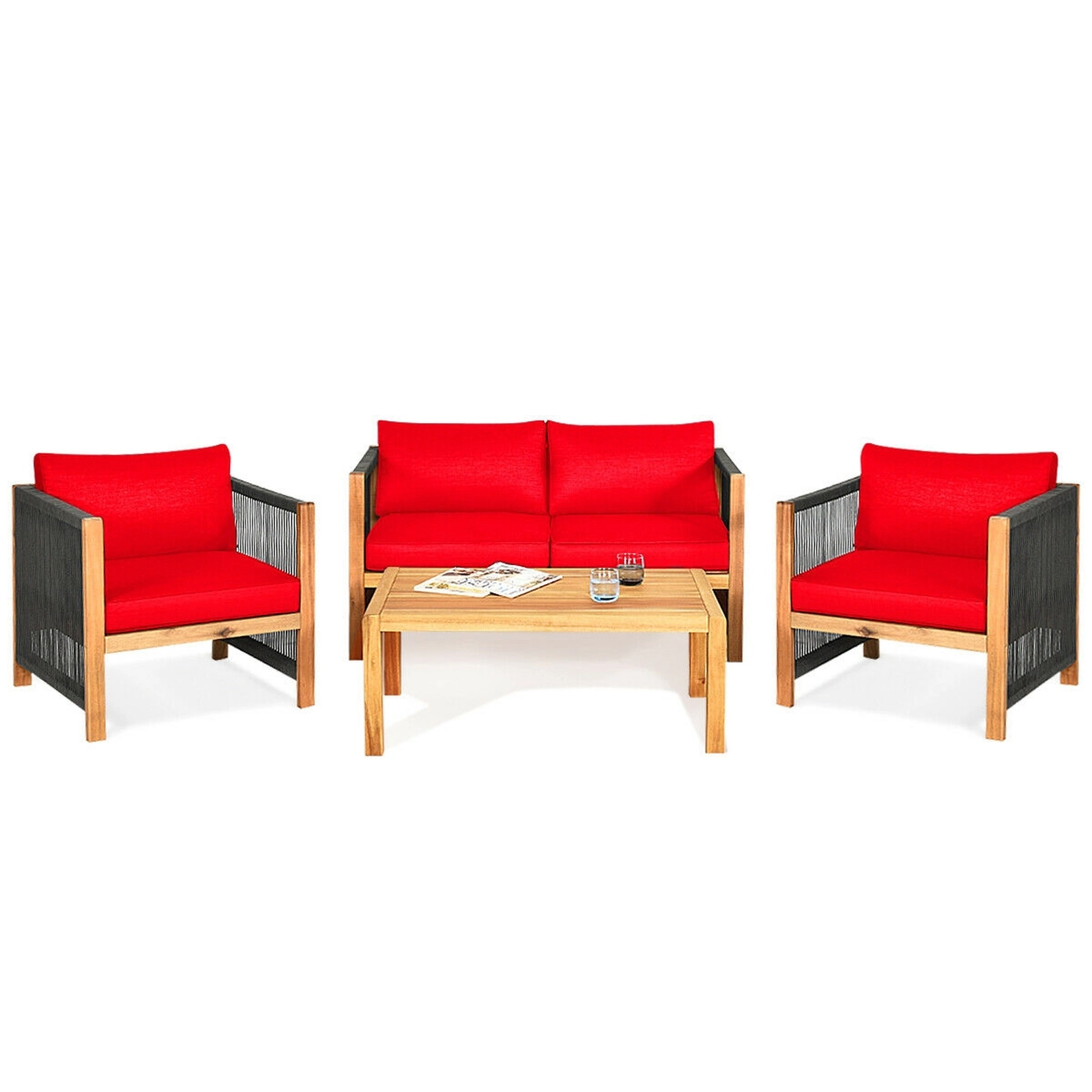 SUGIFT Thick Seat and Back Cushions 4-Piece Red Acacia Wood Patio Furniture Set