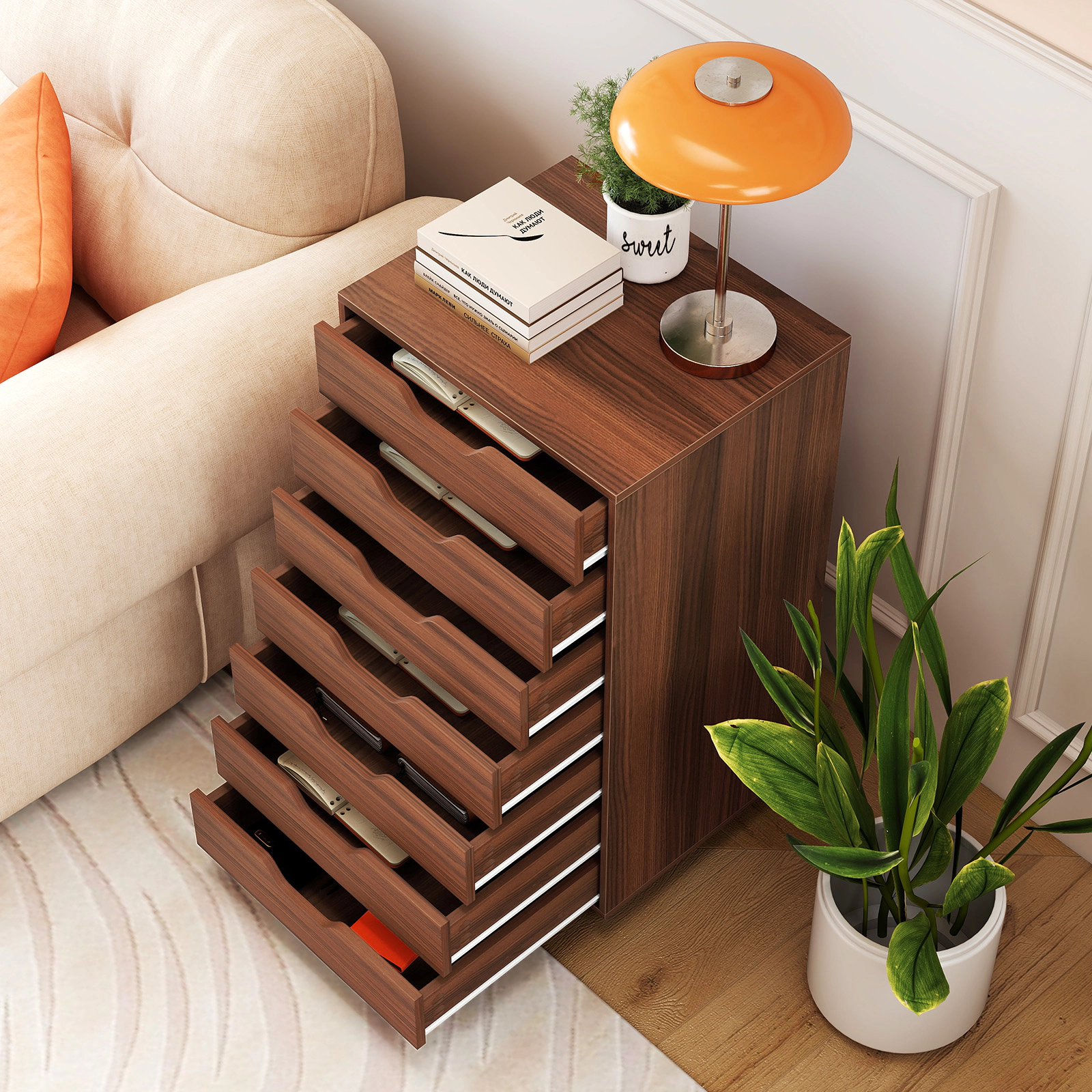 SUGIFT 7-Drawer MDF Engineered Wood Storage Chest with Lockable Wheels 120-lb Capacity Walnut