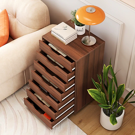 SUGIFT 7-Drawer MDF Engineered Wood Storage Chest with Lockable Wheels 120-lb Capacity Walnut
