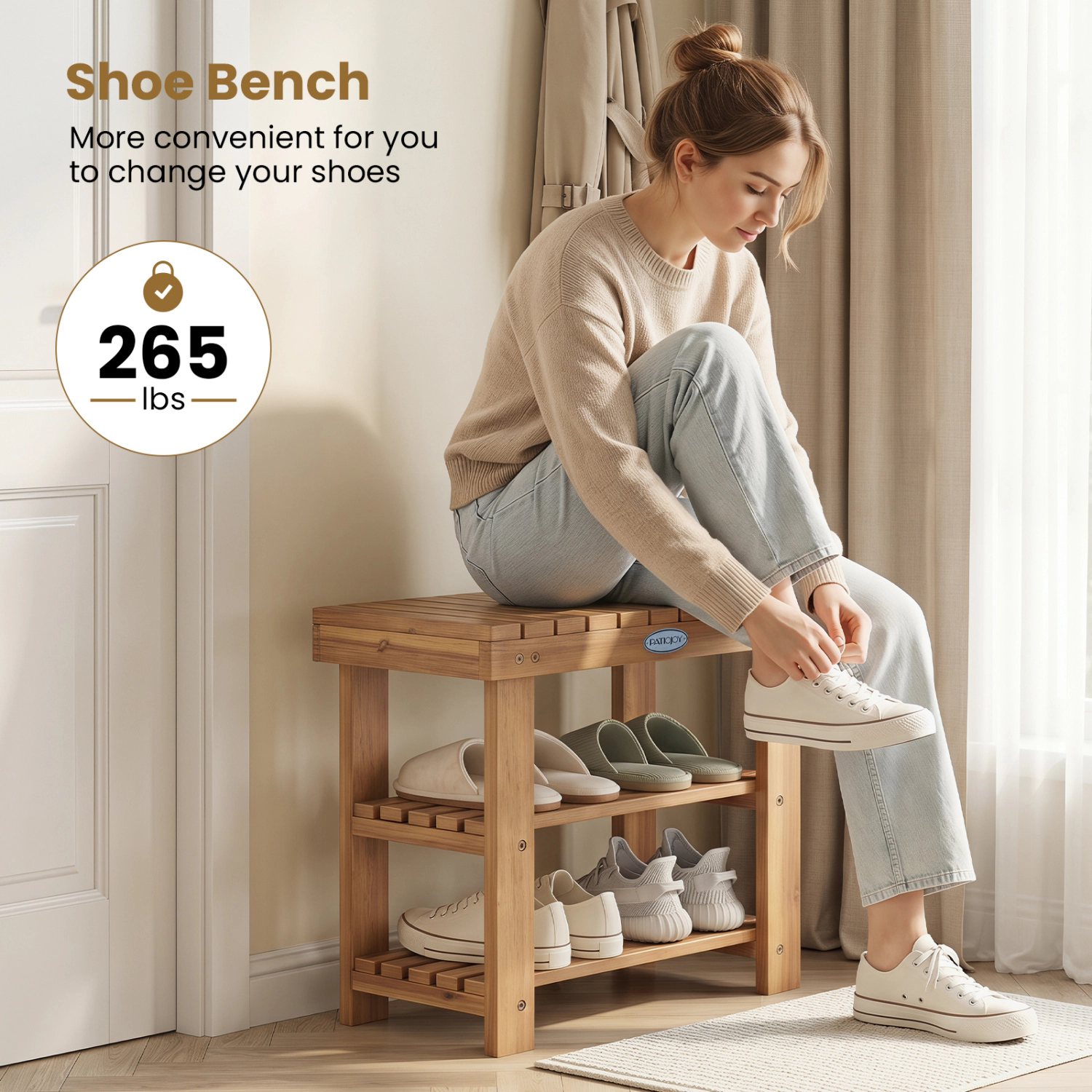 SlickBlue Solid Wood Entryway Shoe Bench with Storage Shelf