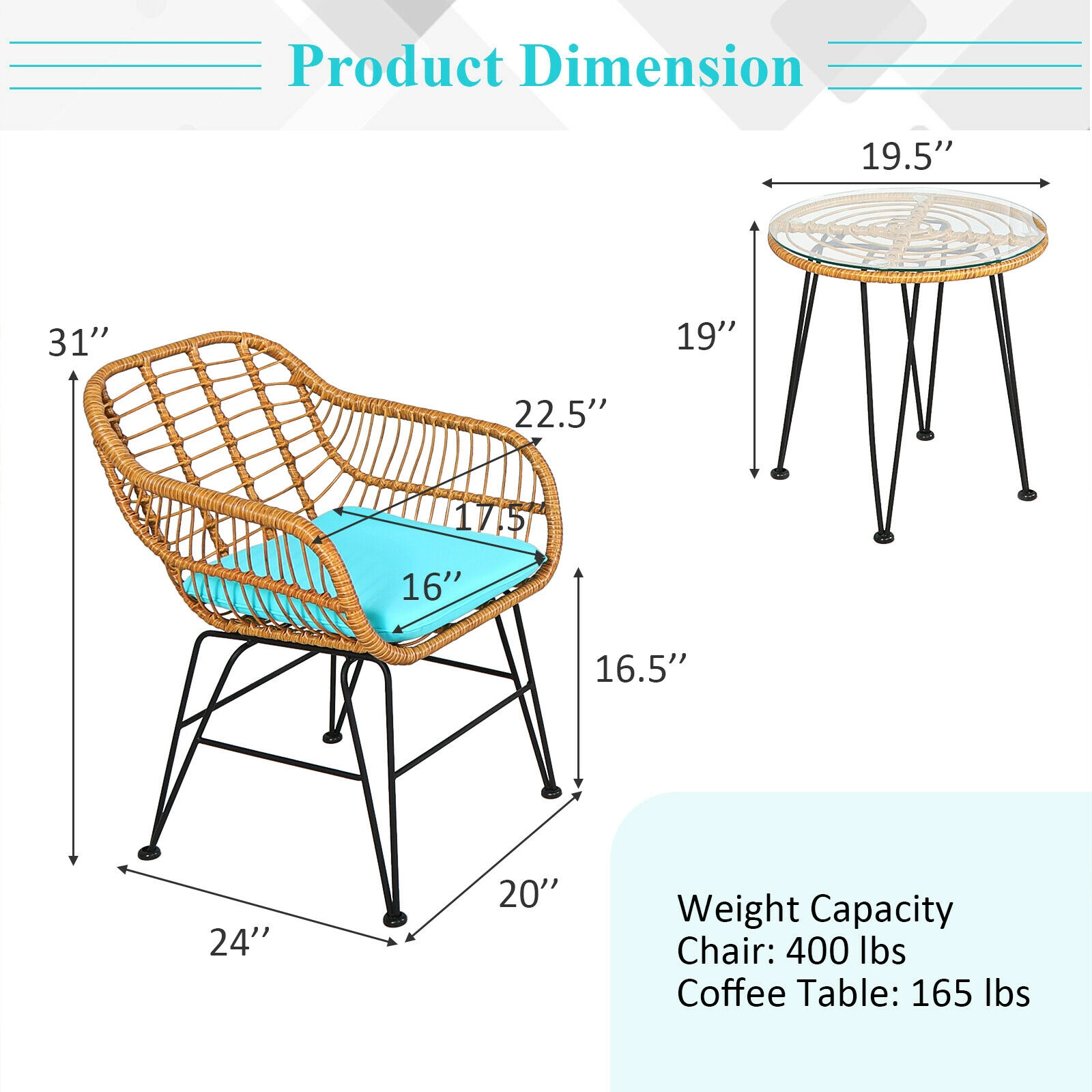SUGIFT 3-Piece Rattan Conversation Set with Cushioned Chairs and Coffee Table 400-lb Chair Capacity Turquoise