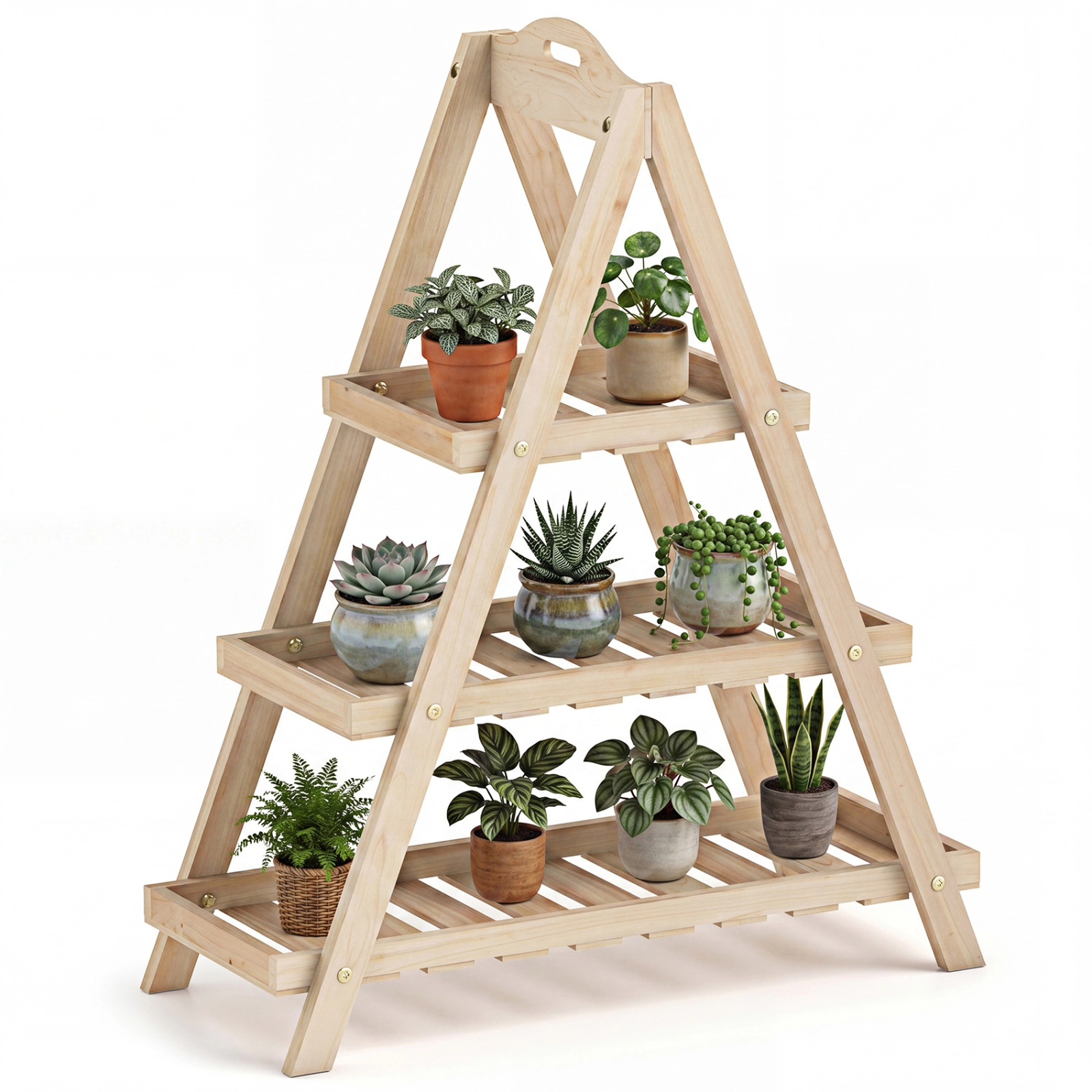 SUGIFT Natural Fir Wood for Balcony 3 Tier Flower Pot Display Shelf Plant Stand