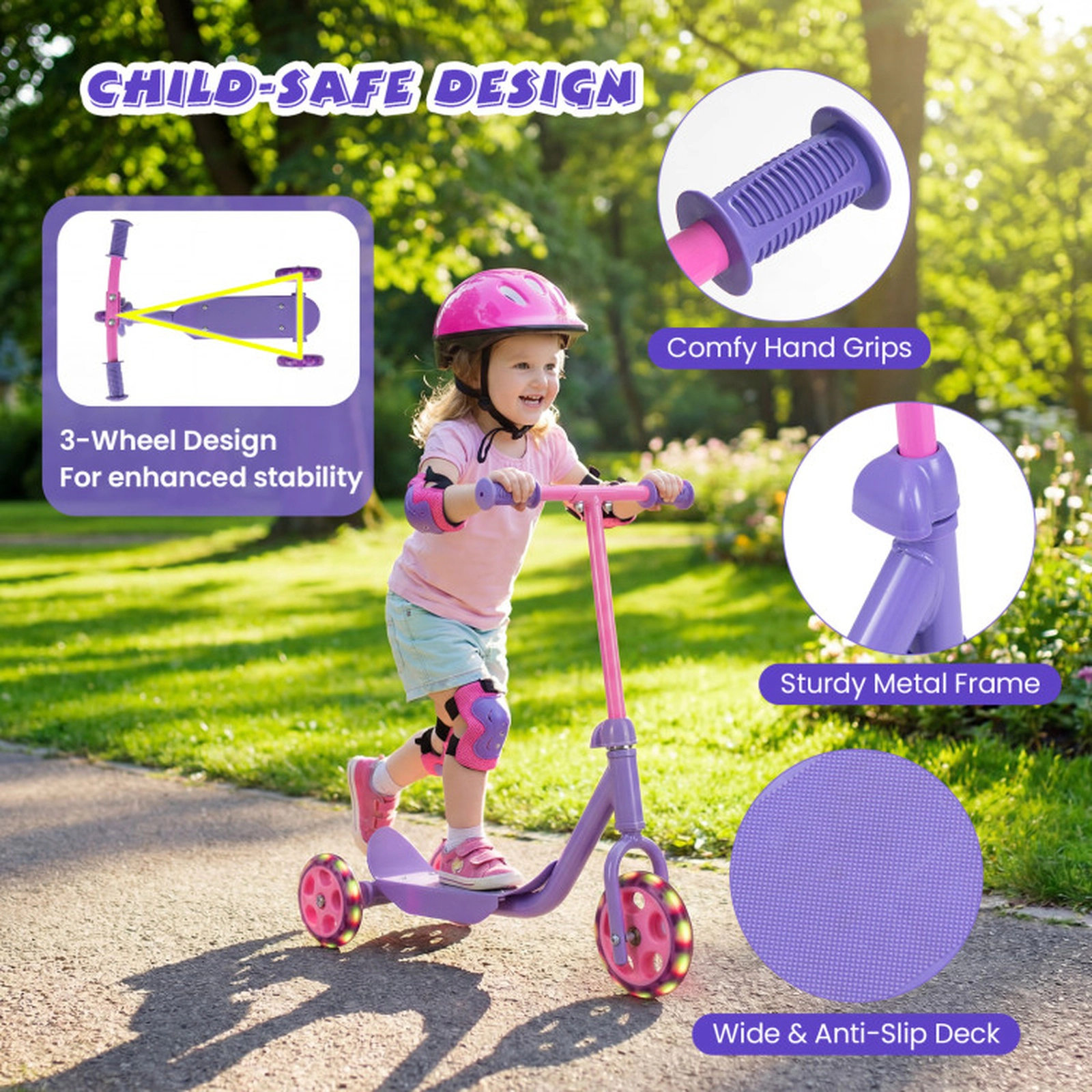 SUGIFT 3-Wheel Kids Scooter with LED Light-Up Wheels Wide Anti-Slip Deck 44-lb Capacity Ages 2+ Pink and Purple