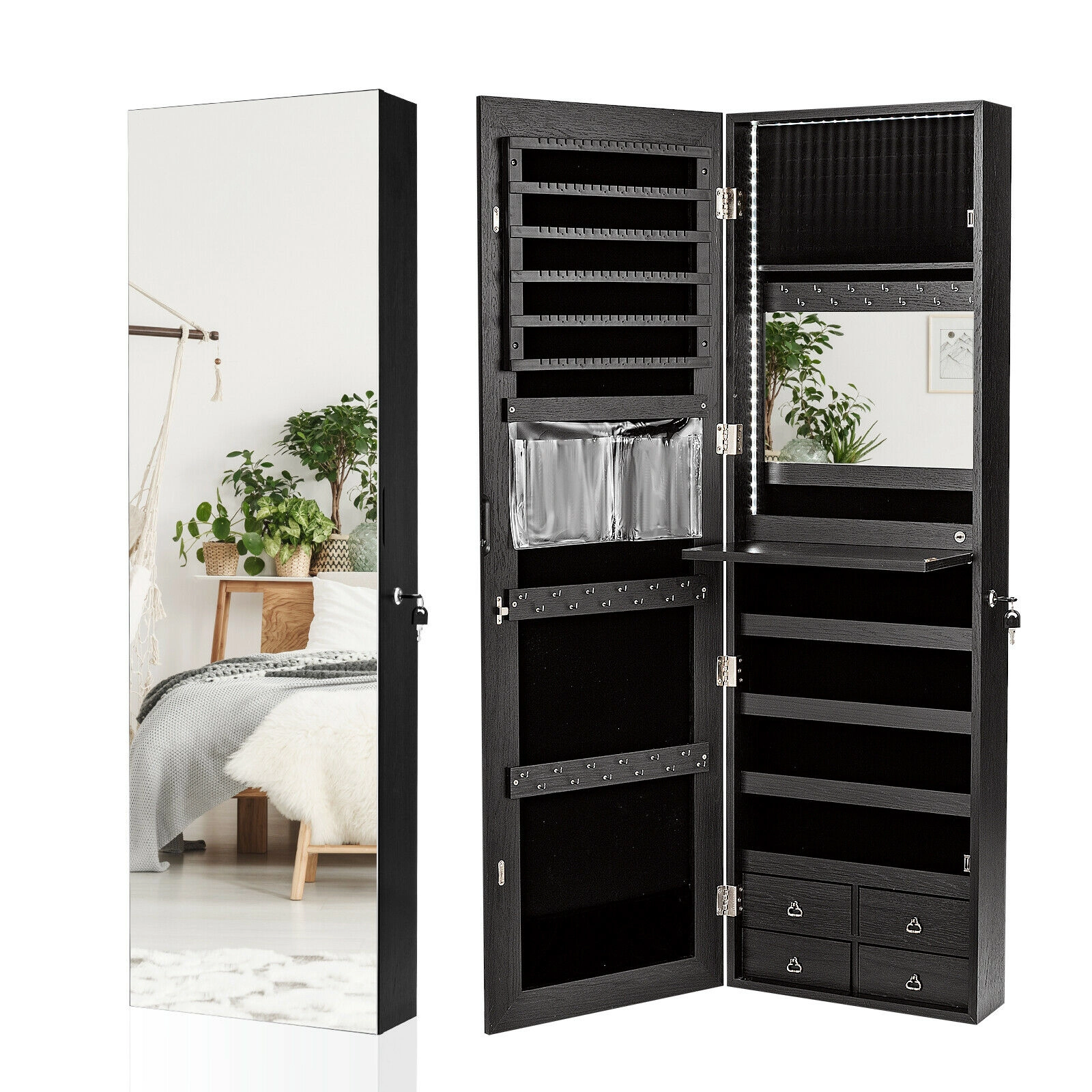 SUGIFT 47-in Wall or Door Mounted Black Jewelry Cabinet Organizer with 4 Drawers and Full-Length Mirror