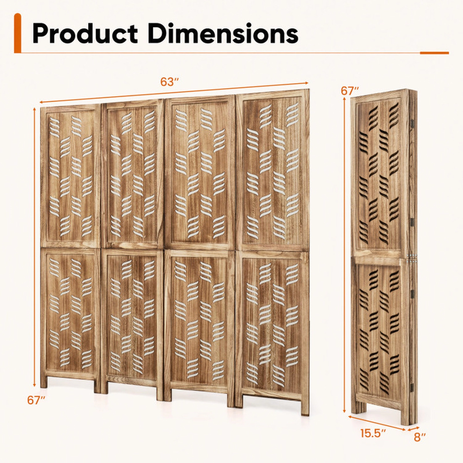 SUGIFT 4-Panel Paulownia Wood Room Divider with Wave Cutout 62 x 67 in Foldable Privacy Screen Brown White