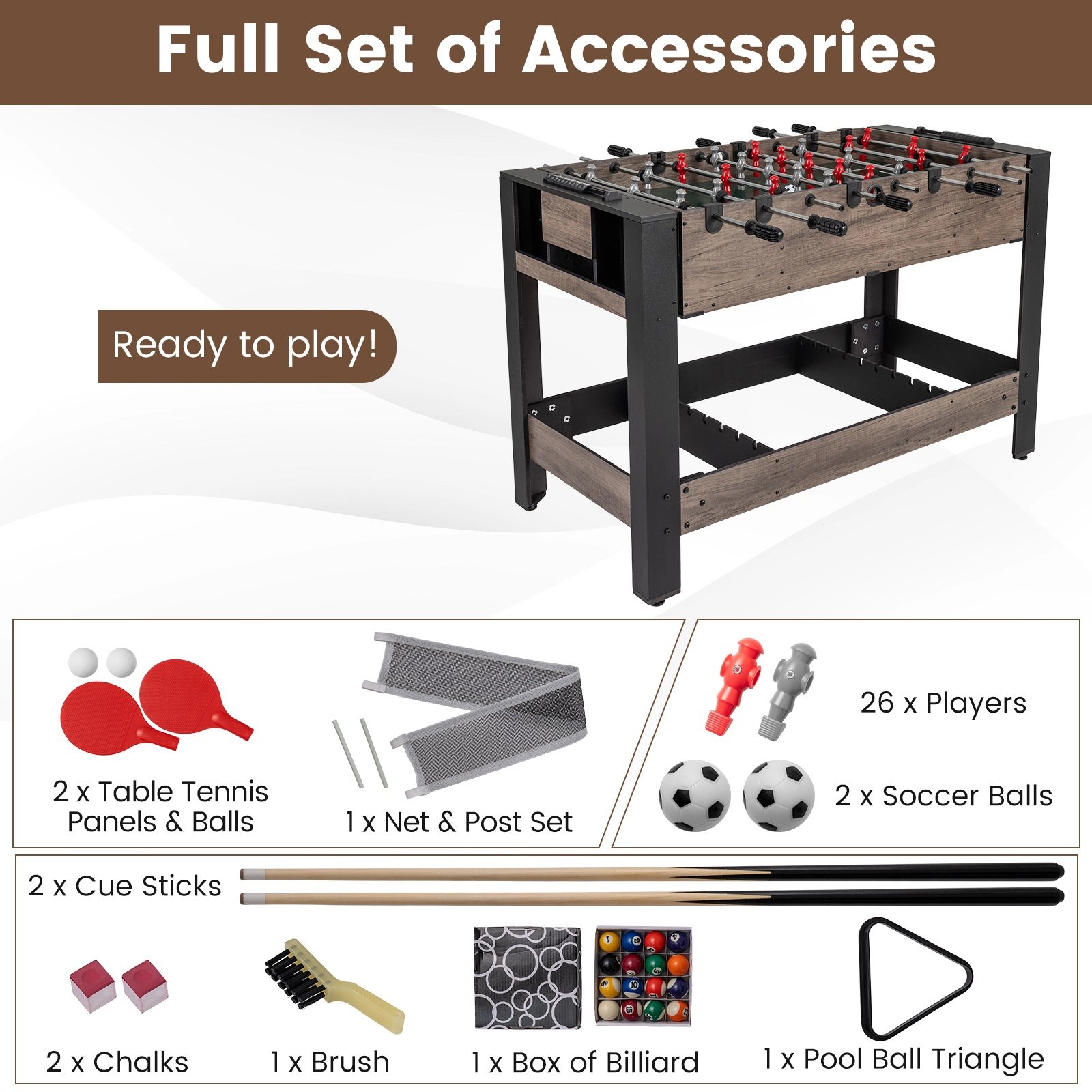 SUGIFT 3-in-1 Flip-Top Combo Game Table with Foosball Pool and Table Tennis 49-in Frame Black & Brown