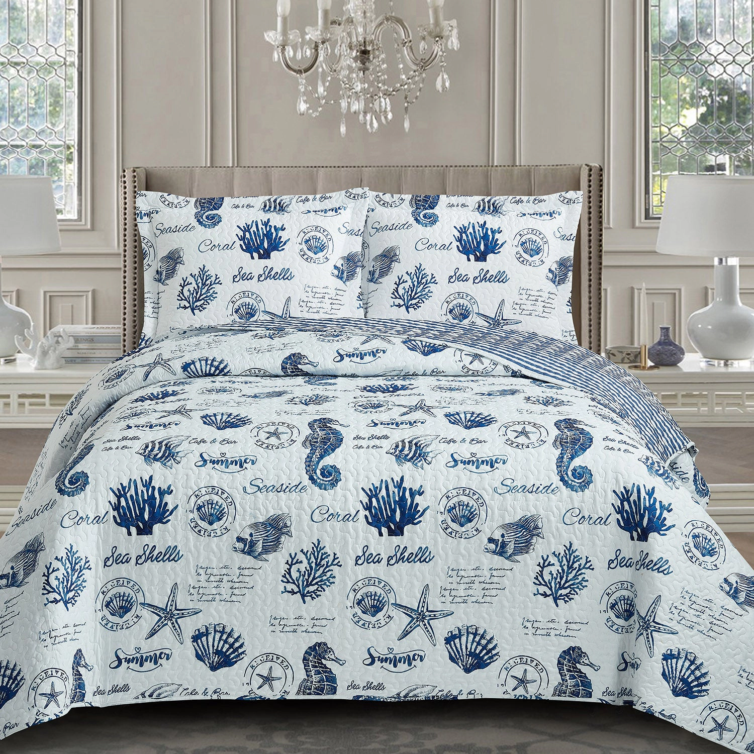 Egyptian Linens Seaside Sea Shells Bedspread Quilt Set