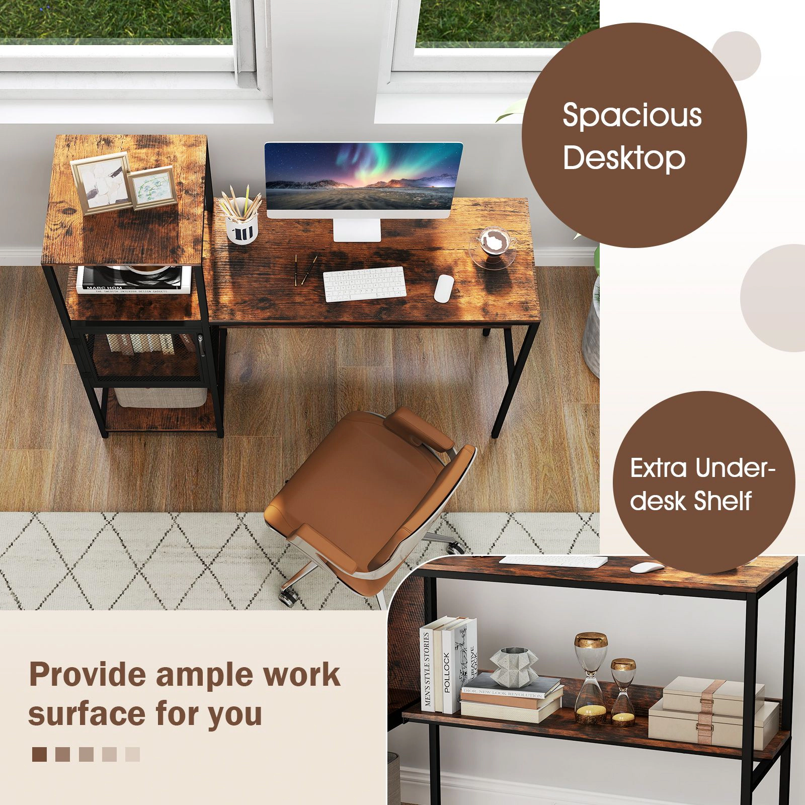 SlickBlue 51 Inch Home Office Desk with Shelves and Cabinet