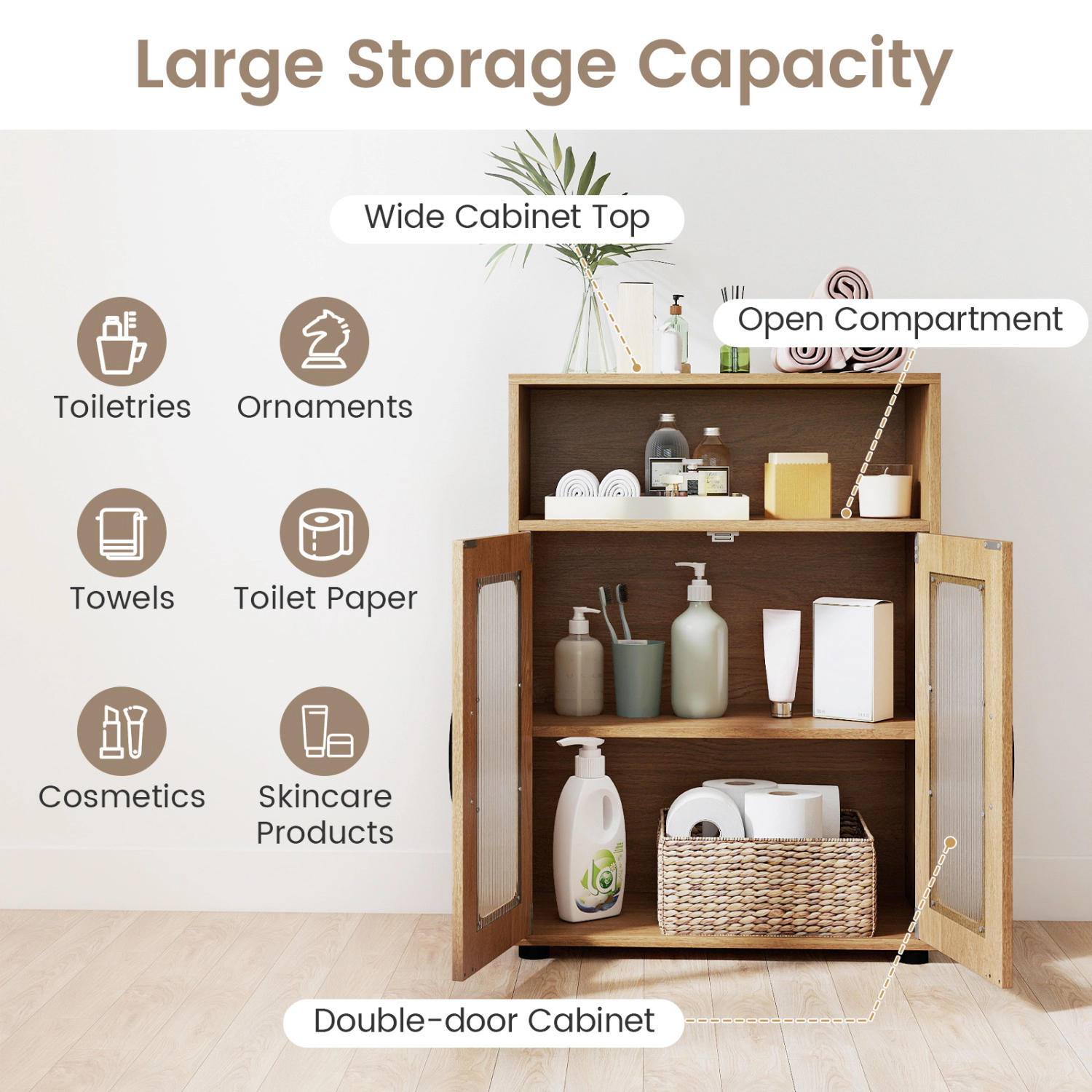 SlickBlue Freestanding Bathroom Cabinet with Double Doors & Open Shelf