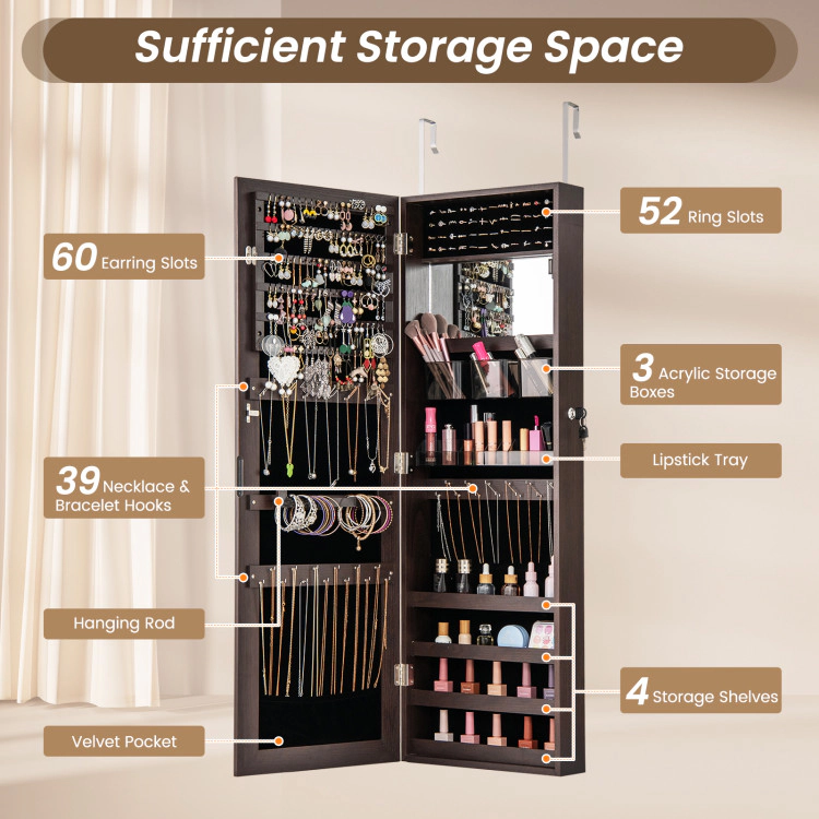 Hivvago 43.5 Inch Jewelry Mirror Cabinet with Full-length and Adjustable Hangers