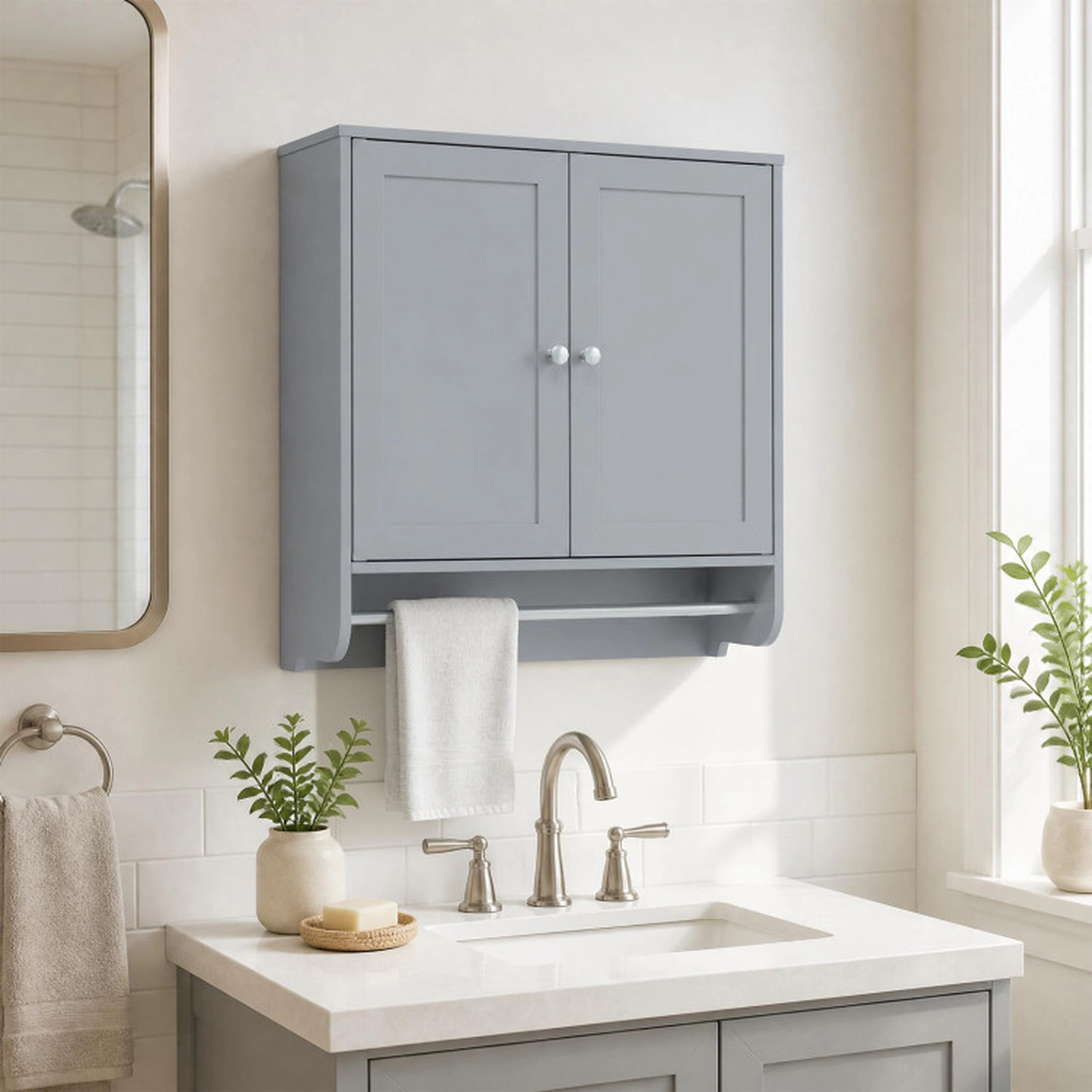 SUGIFT Gray Wall Mounted Bathroom Storage Medicine Cabinet with Towel Bar and 3-Level Adjustable Shelf