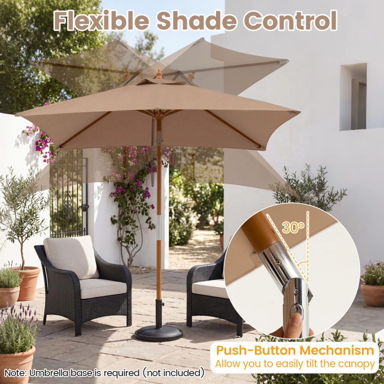 SUGIFT 7-ft Rectangular Patio Umbrella with Push-Button Tilt 3-Height Adjustment Rope Pulley Coffee