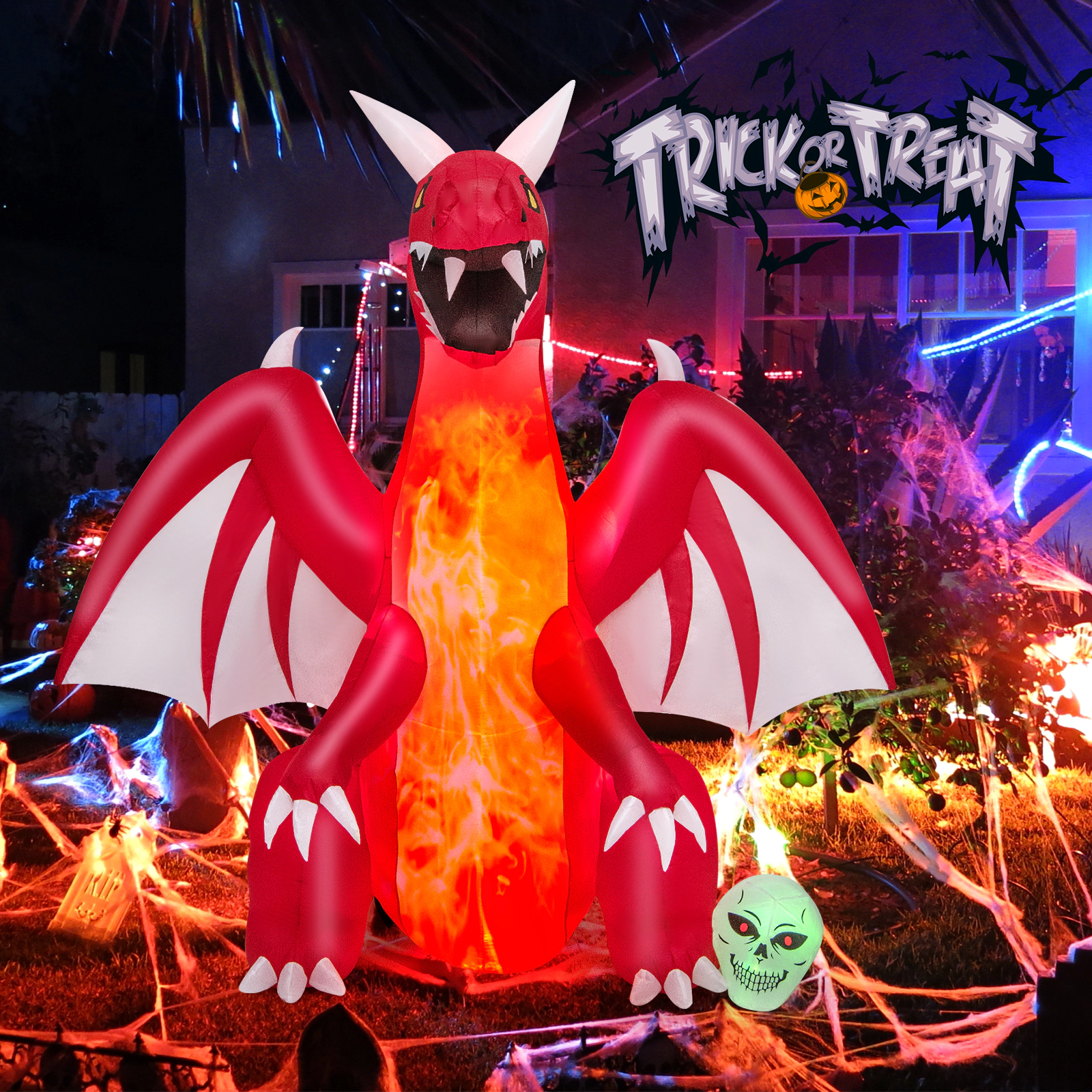LJG 8 Feet Halloween Inflatables Blow-up Red Dragon with Wings Skull