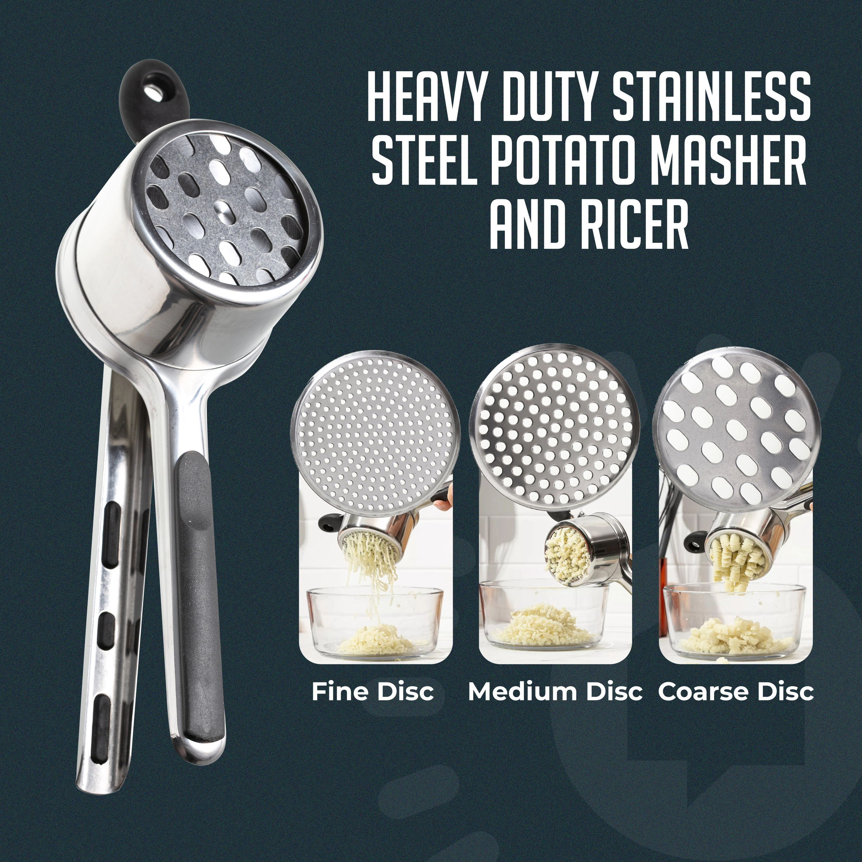 Luminuxe 15oz Potato Ricer, Heavy Duty Stainless Steel Potato Masher & Ricer Kitchen Tool, Nonslip Handle, Press & Mash