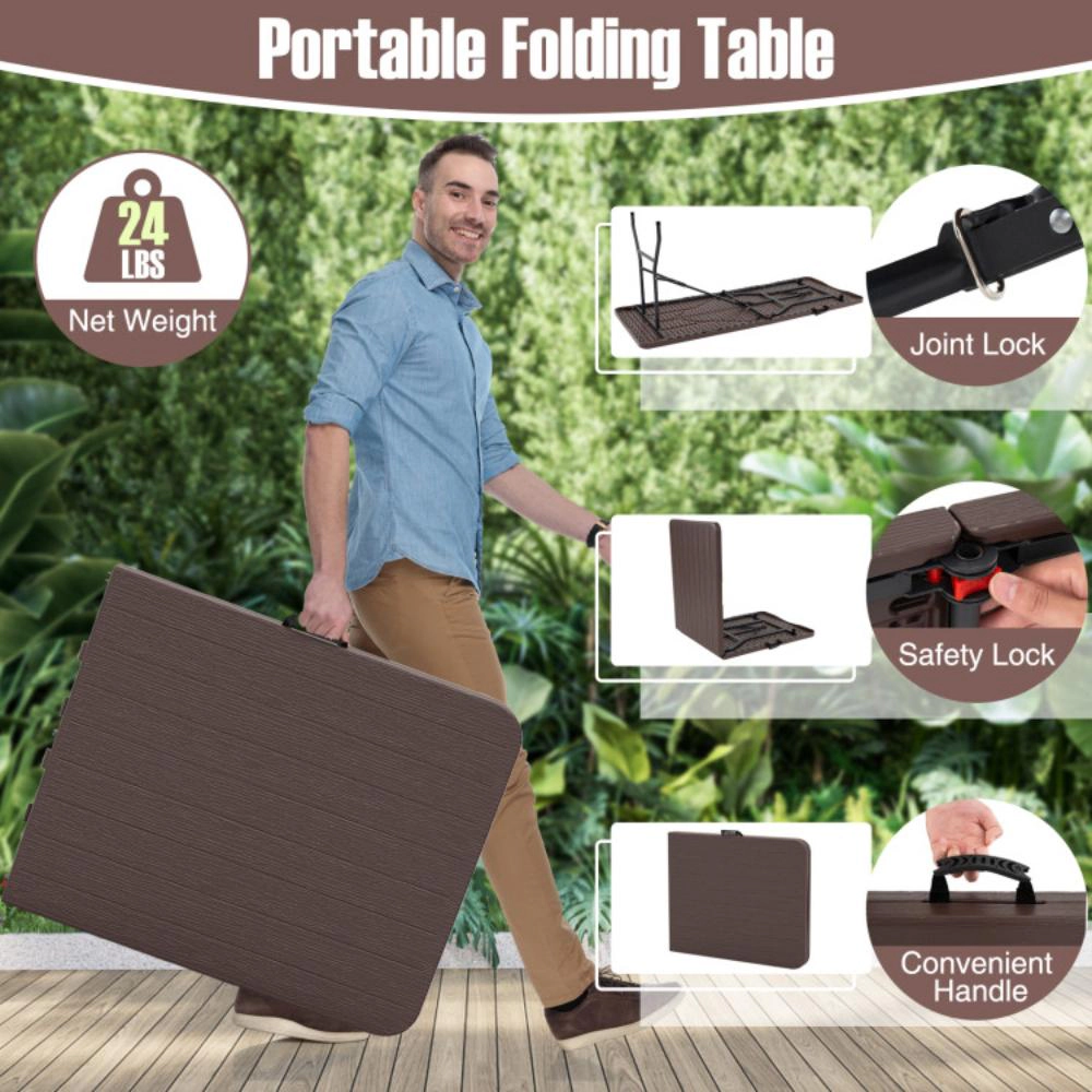 Hivvago 6 Feet Folding Table With Wood Grain Hdpe Tabletop And Safe Lock Mechanism