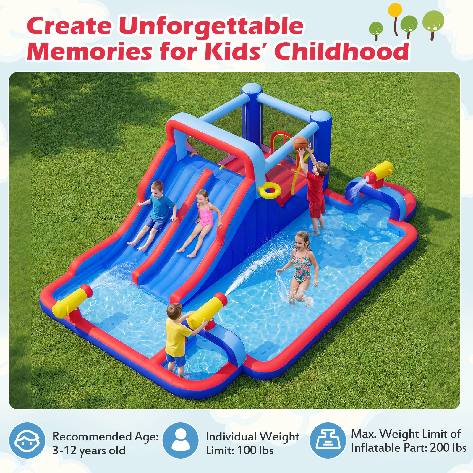 Hivvago Inflatable Water Slide Park Giant Bounce House with Double Slides with 750W blower