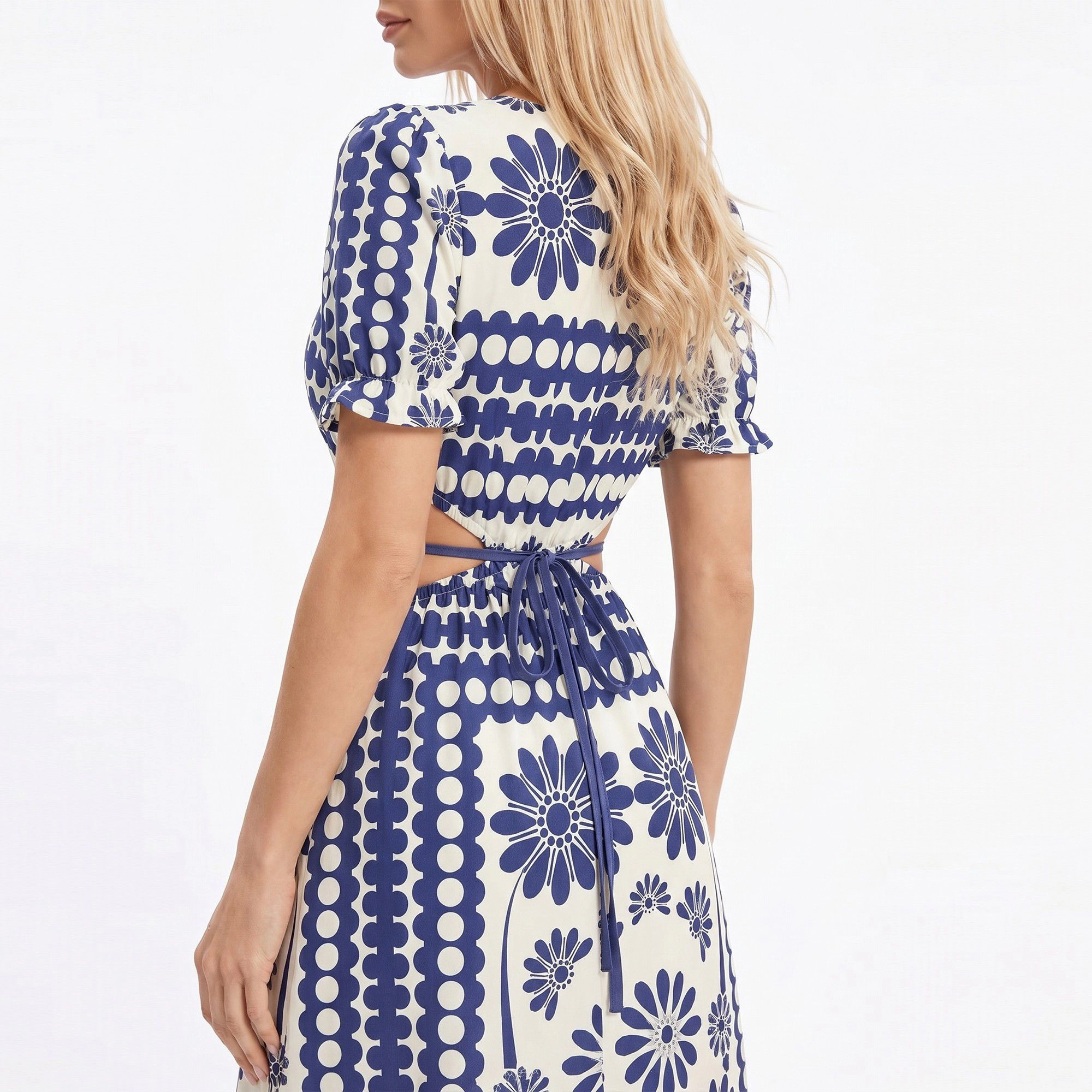 Anna-Kaci Women's Cutout Maxi Dress with Short Sleeves and Tie Waist Detail