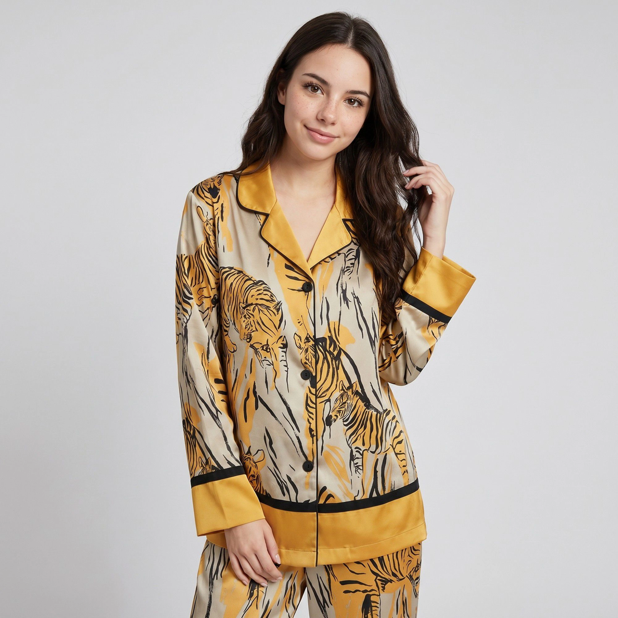 Anna-Kaci Women's 2-Piece Tiger Print Pajama Set with Button Front Top and Wide Leg Pants
