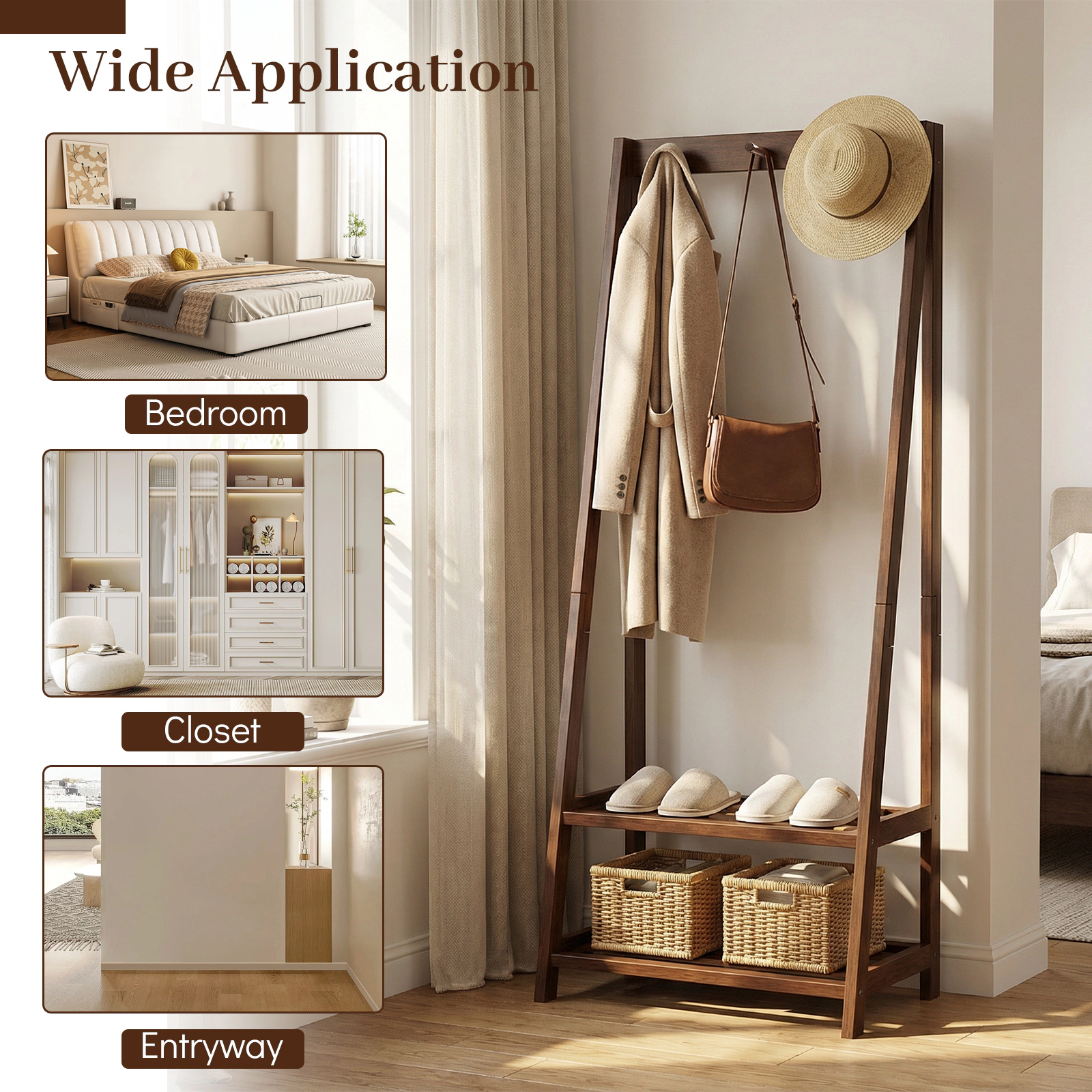 Glintex Solid Rubber Wood Coat Rack with A-Shaped Frame and 2 Storage Shelves, Walnut