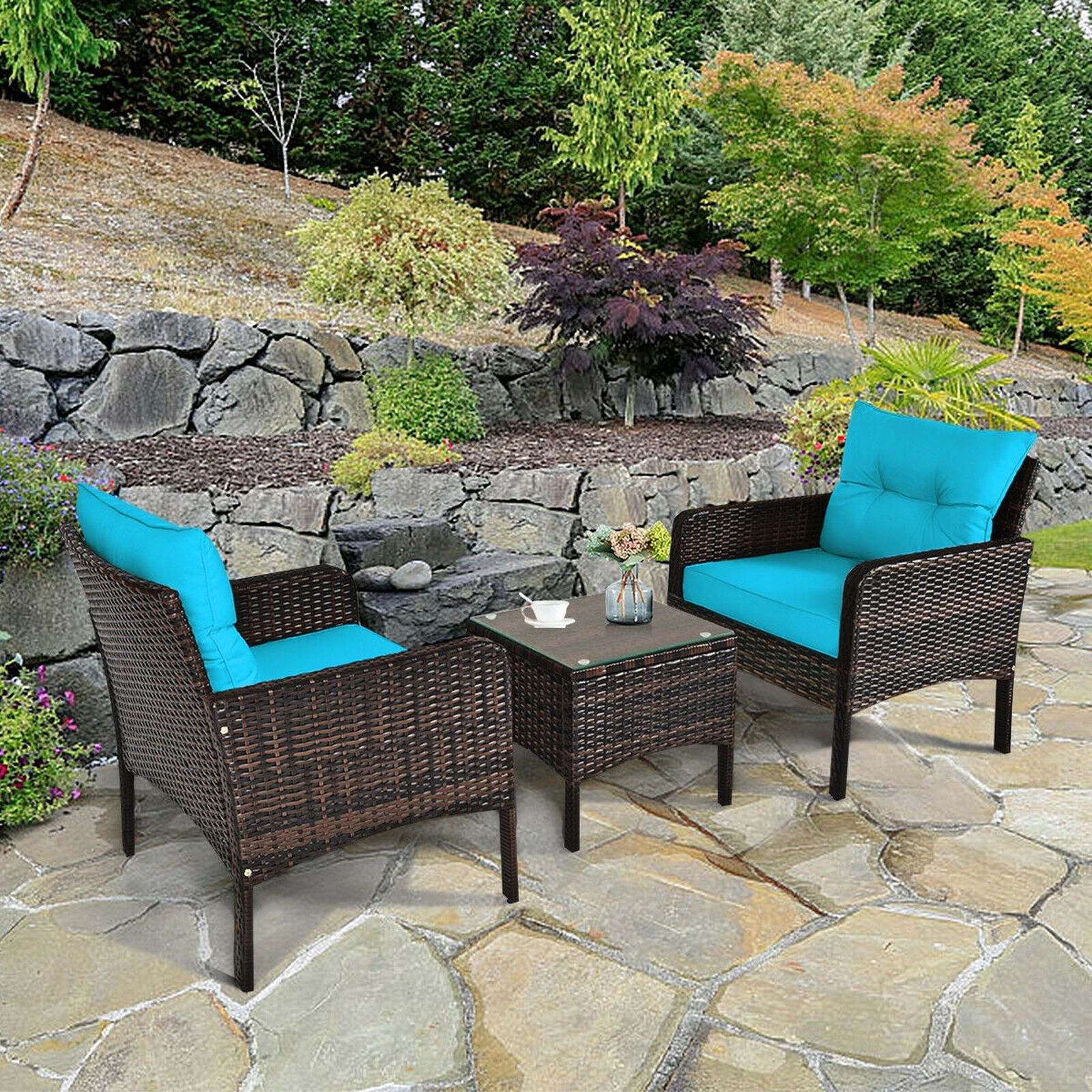 SUGIFT 3-Piece Turquoise Outdoor Wicker Patio Conversation Set with Glass Table