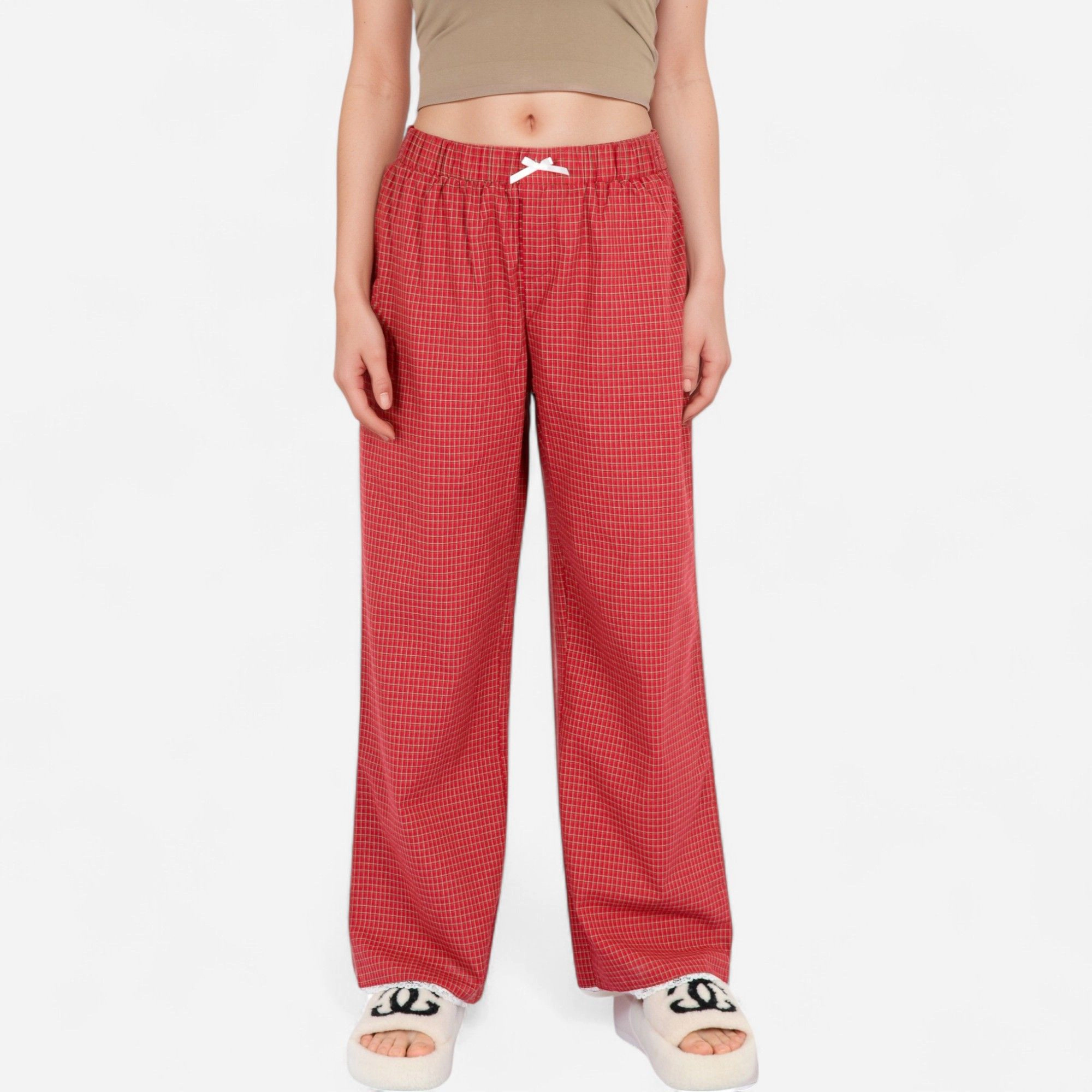 Anna-Kaci Women's Red Checkered Lounge Pants with Elastic Waistband Bow Tie Detail and Relaxed Full-Length Wide Leg Fit