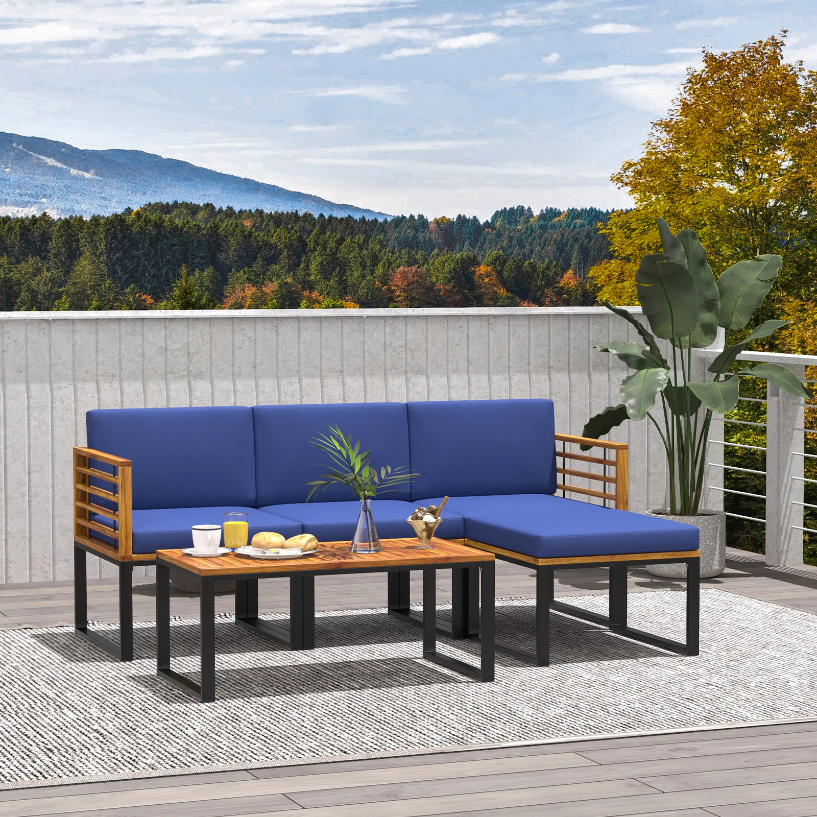 LJG 5-Piece Patio Acacia Wood Chair Set with Ottoman and Coffee Table