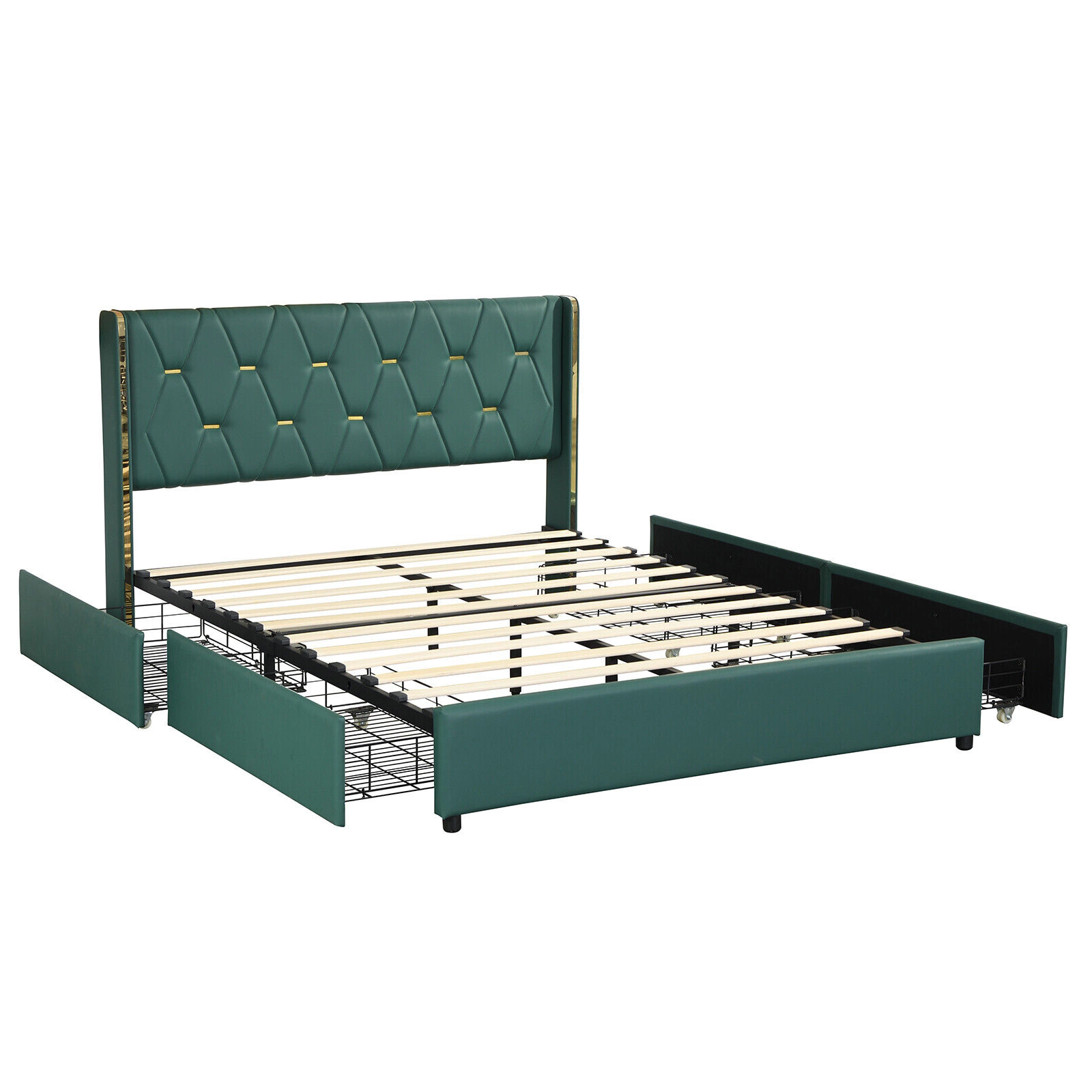 LJG Full/Queen Size Upholstered Bed Frame with 4 Drawers-Green-Full Size