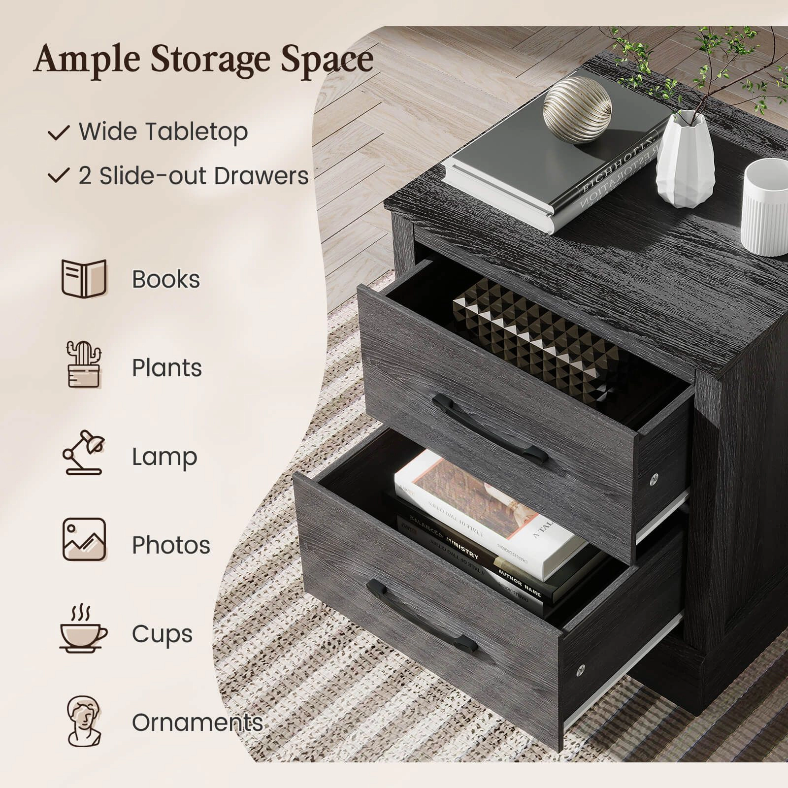 SlickBlue Farmhouse 2-Drawer Nightstand with Storage Cabinet