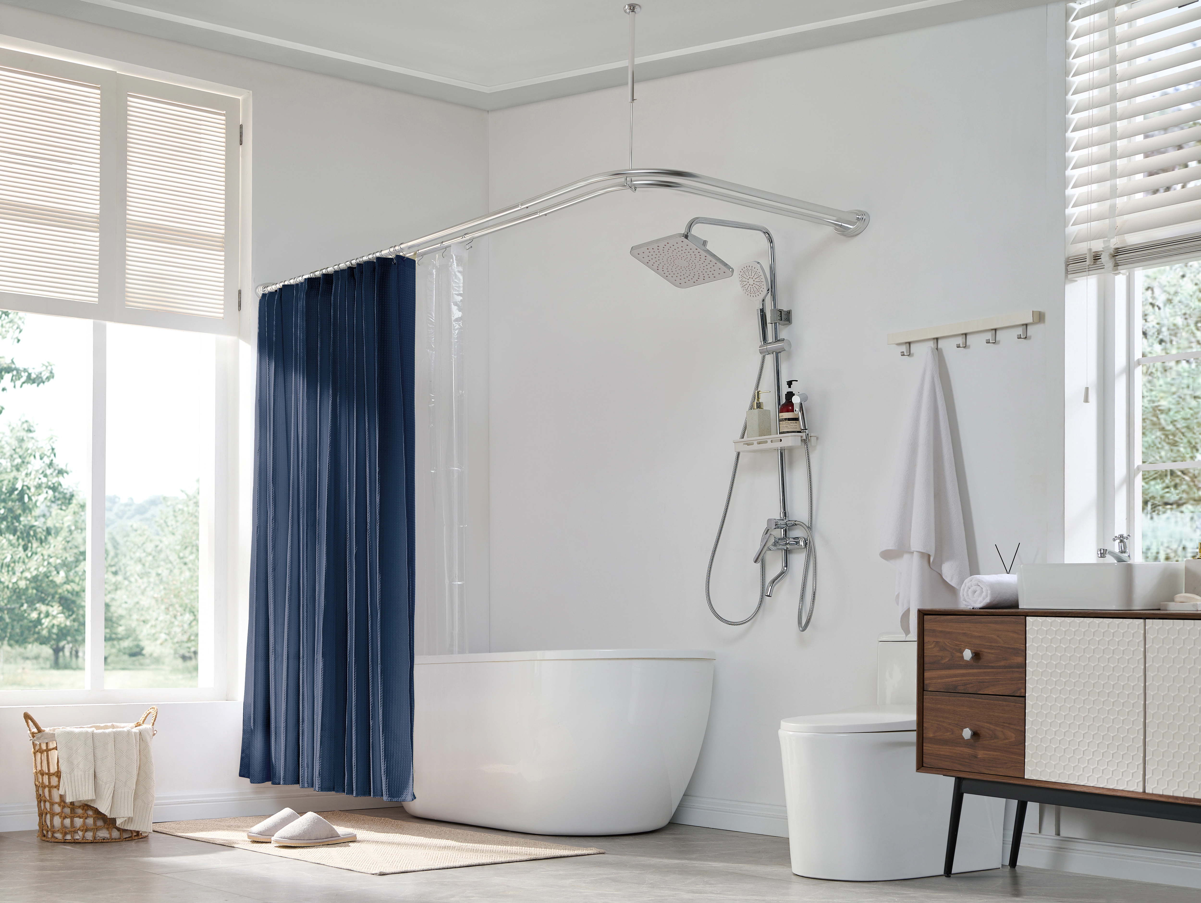 Utopia Alley Rustproof Aluminum Double L Shaped Shower Curtain Rod 72"Lx31.7"W, with 24 Hooks & Ceiling Support