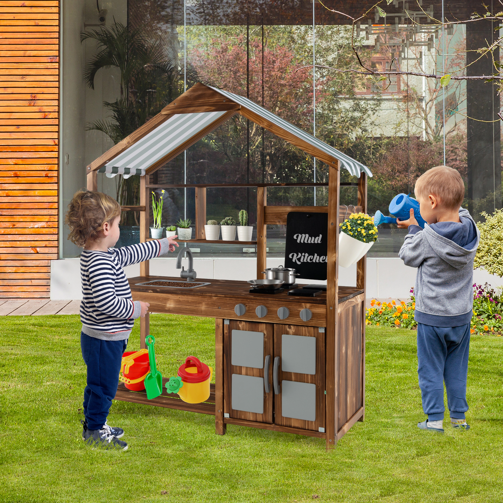 LJG Kid's Mud Kitchen Outdoor Solid Wood Mud Kitchen with Canopy