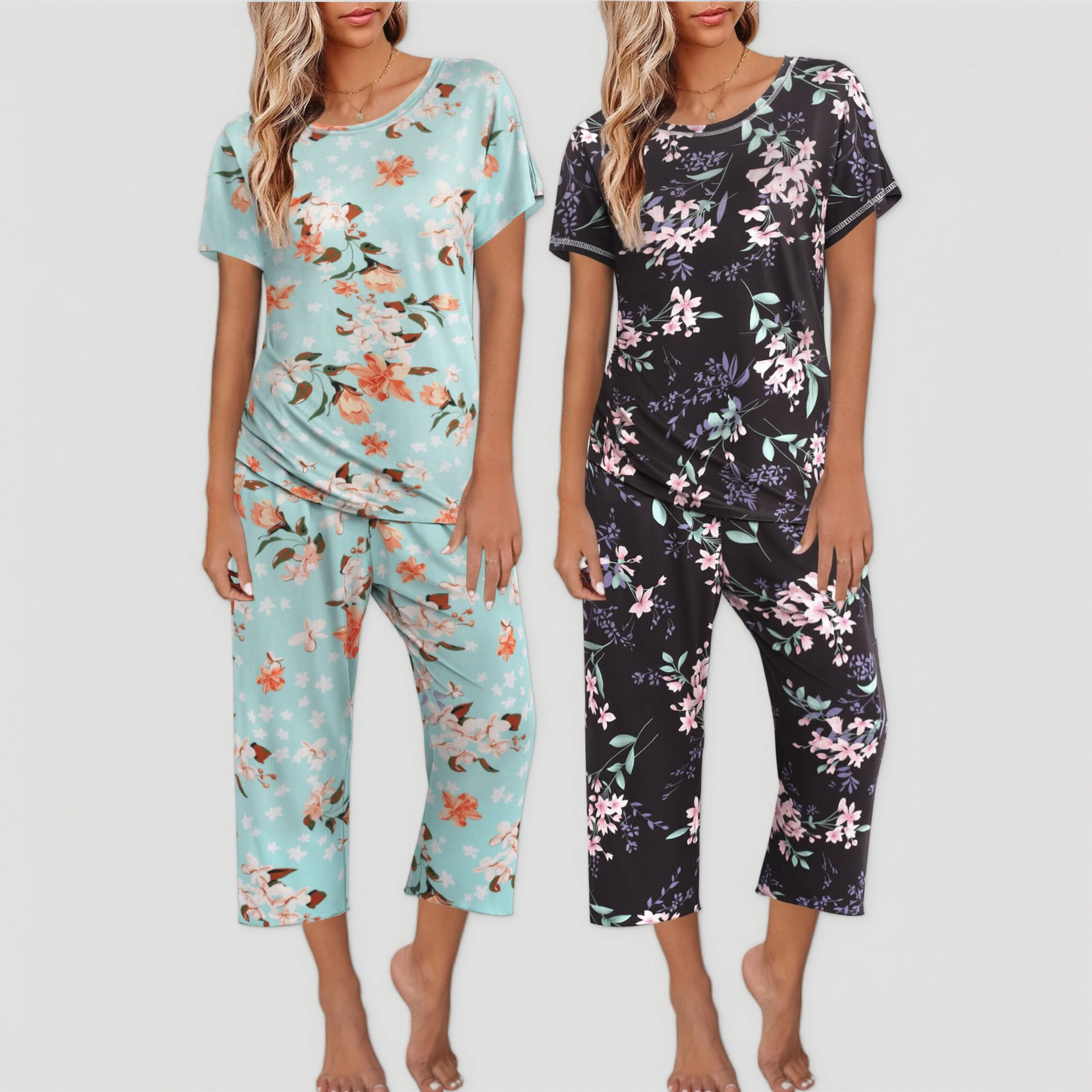 Ekouaer Women's Round Neck Short Sleeve Pajama Set with Capri Pants