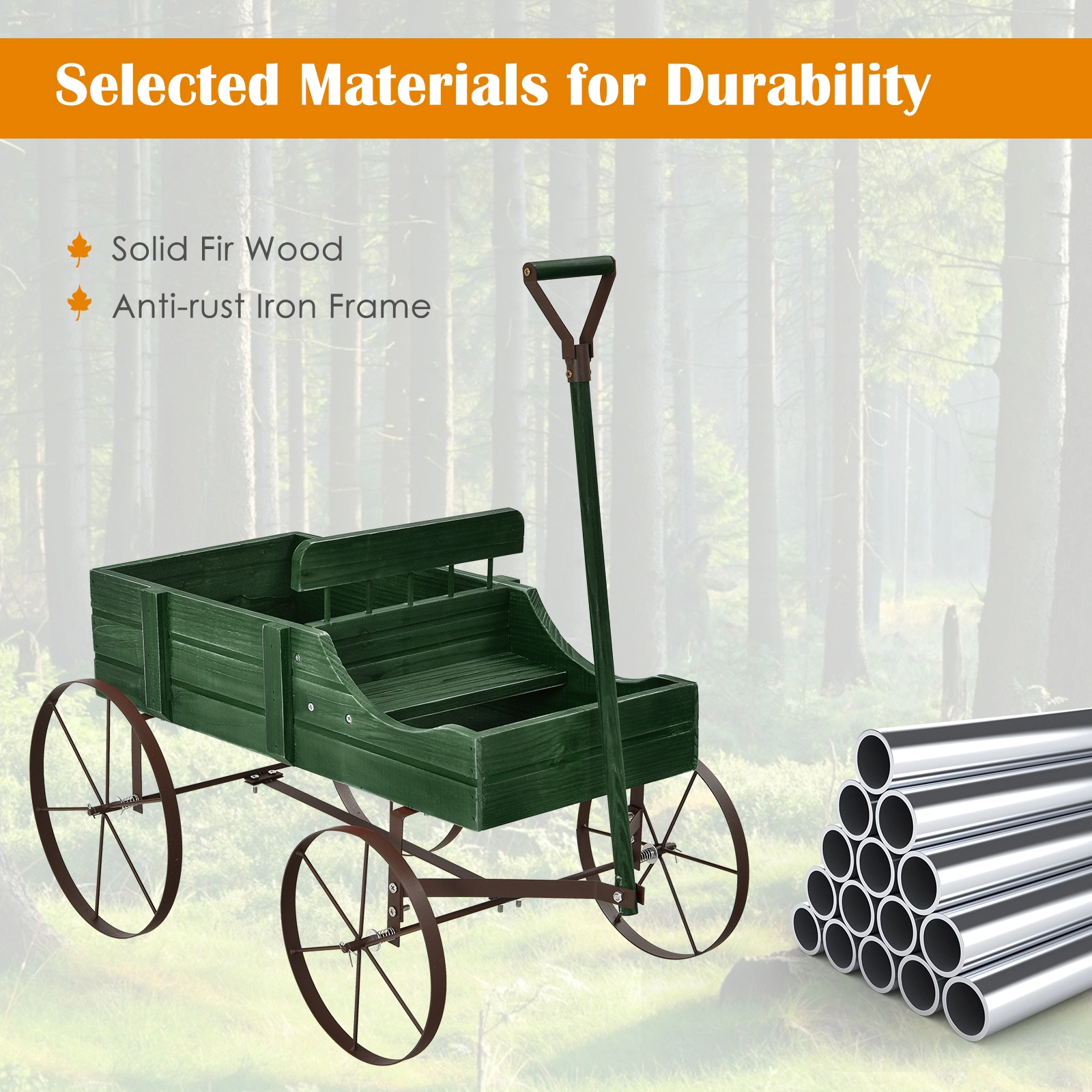 SUGIFT Green Wooden Wagon Planter with Antique Metal Wheels 24.5-in W 13.5-in D 24-in H 33-lb Cart Capacity